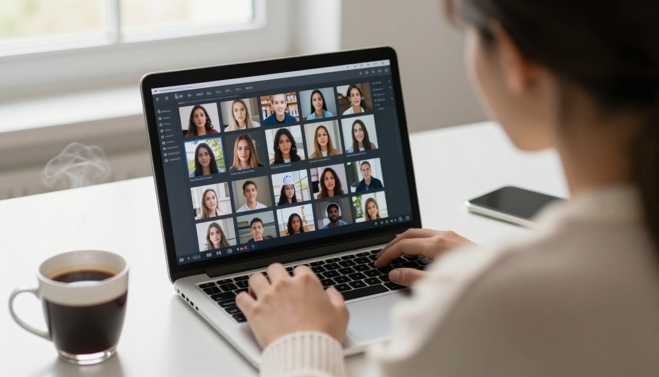 Person reviewing AI-generated video thumbnails on laptop Person reviewing AI-generated video thumbnails on laptop