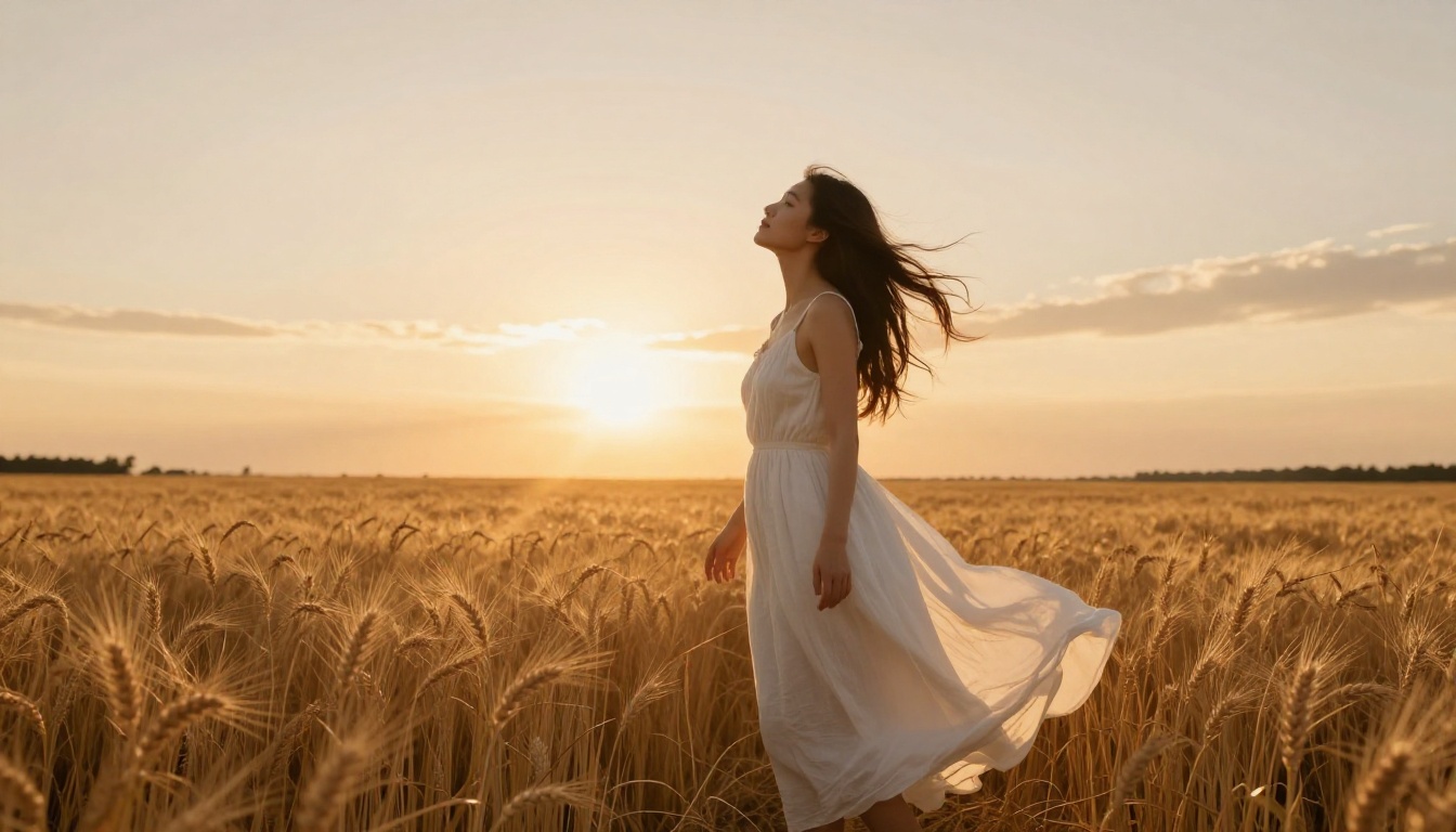 Woman in wheat field at golden hour, wide environmental shot