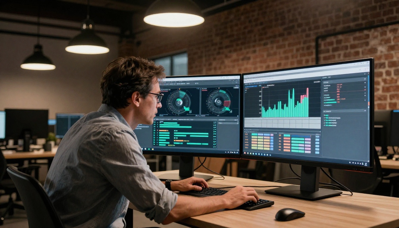 Man reviewing video footage at standing desk in studio
