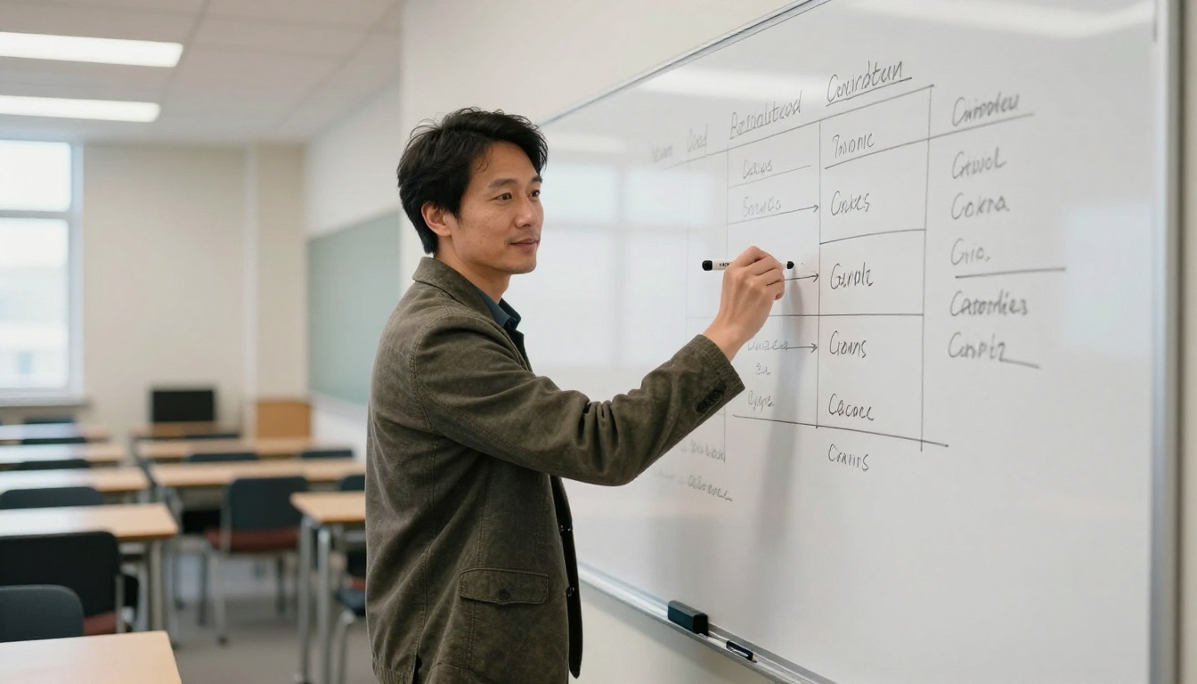 Man writing a structured framework on a whiteboard in a classroom