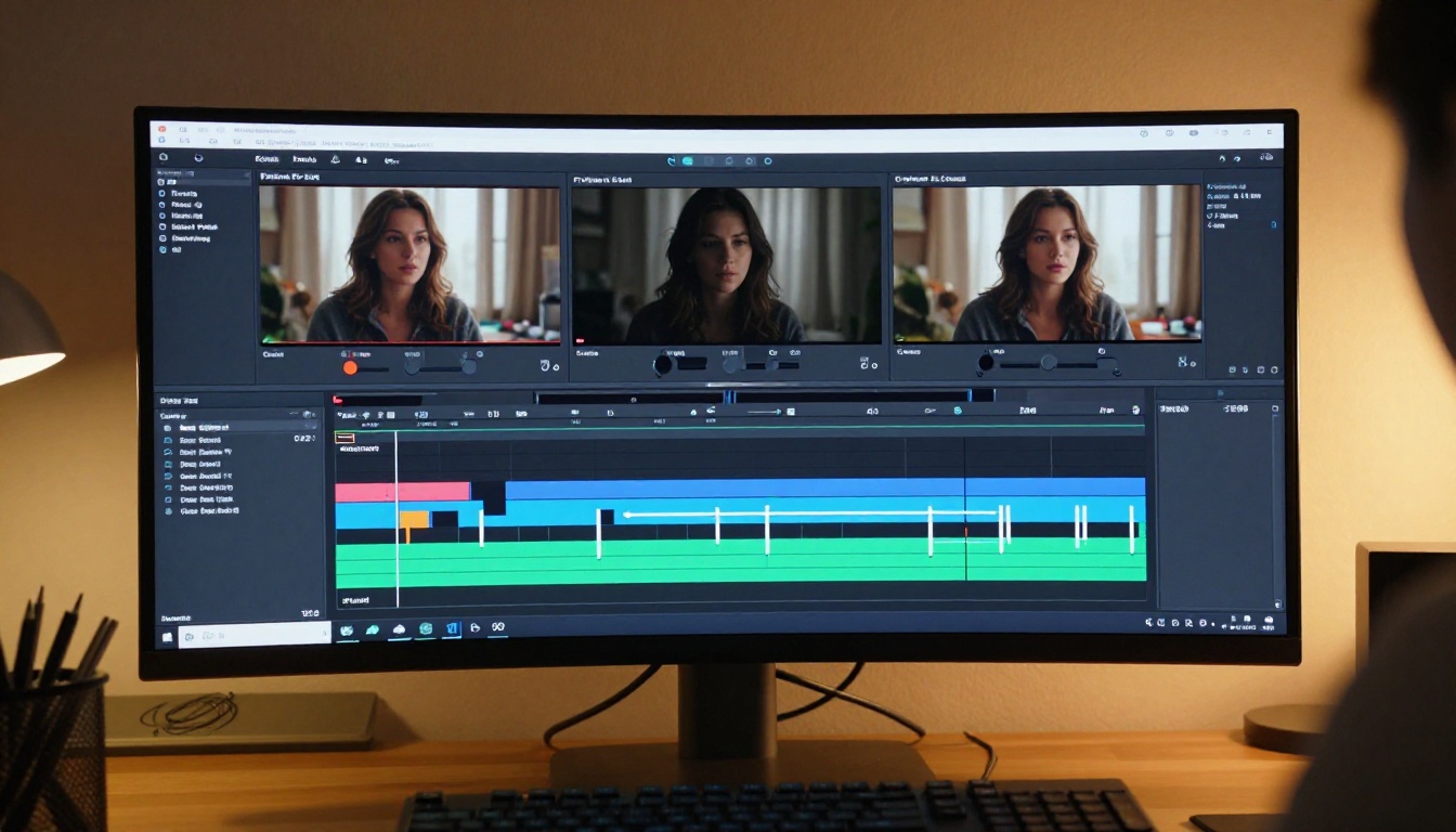 AI video timeline interface on a professional monitor