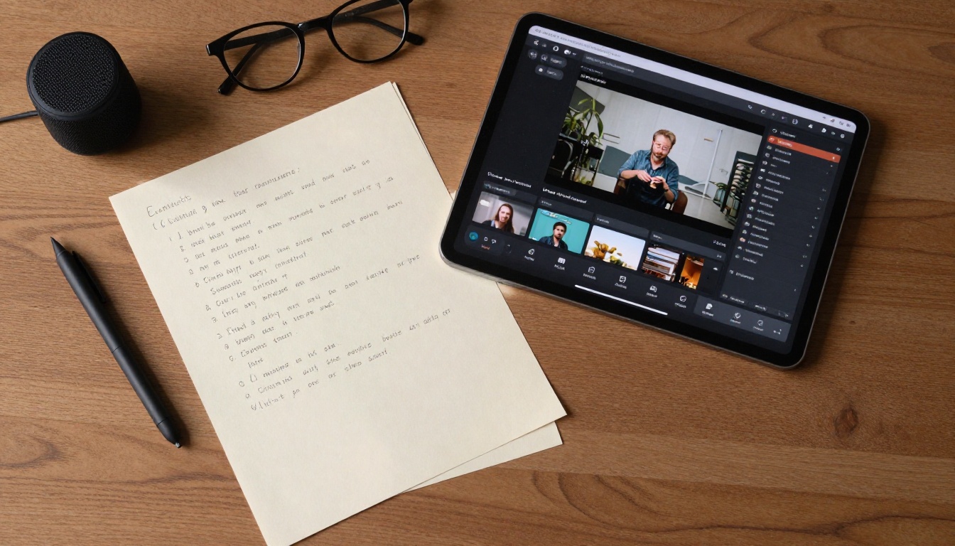 Filmmaker's desk flat-lay with tablet and production notes
