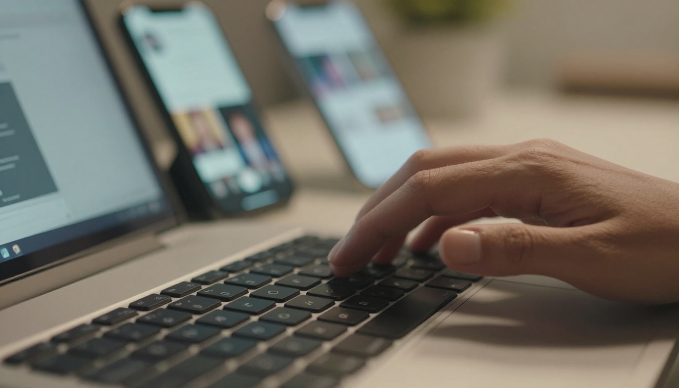 Hands typing with phones showing social media feed in background