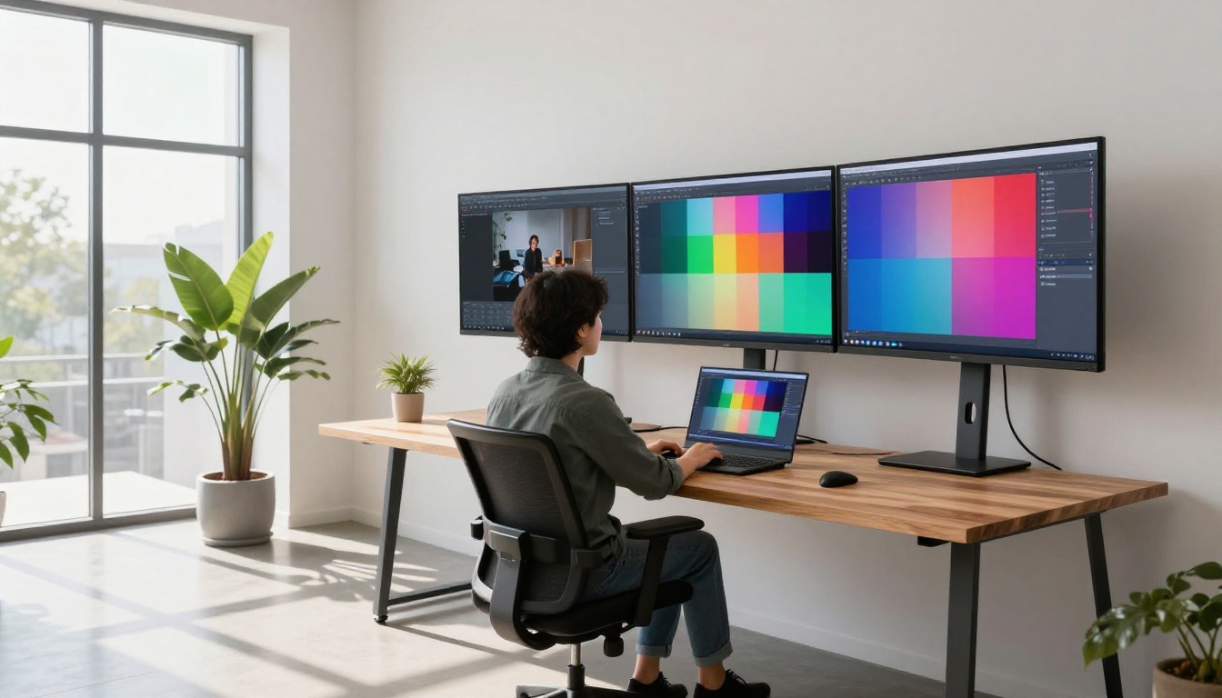 Creative workspace with multiple screens showing video frames and color grading