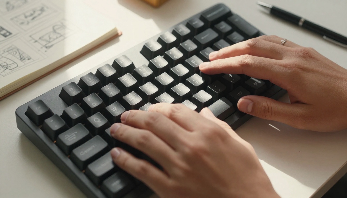 Close-up hands typing on a mechanical keyboard with storyboard sketches nearby