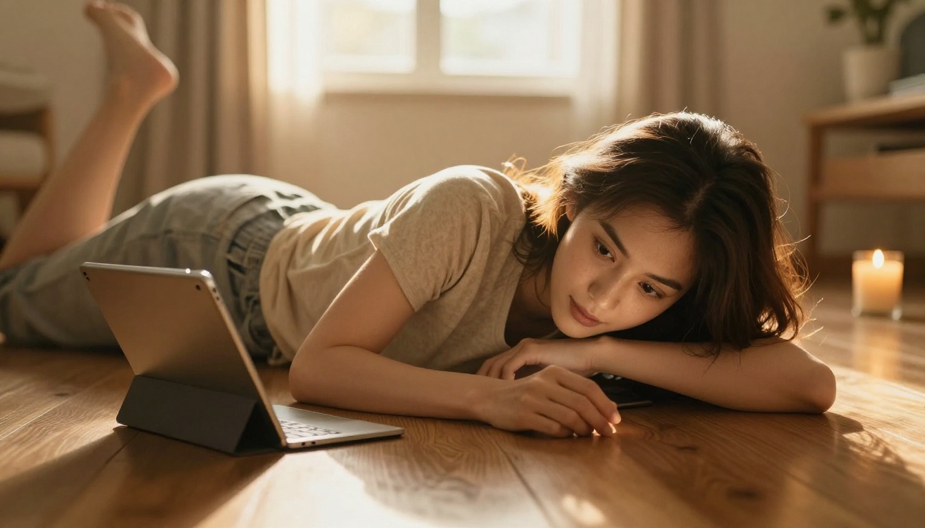 Woman lying on hardwood floor with tablet in warm afternoon light