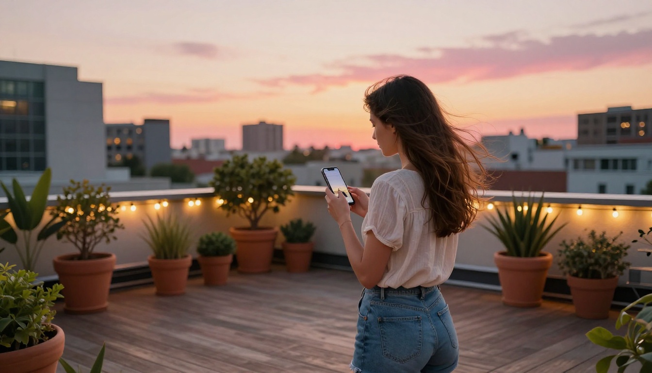 Woman on rooftop at golden hour reviewing phone