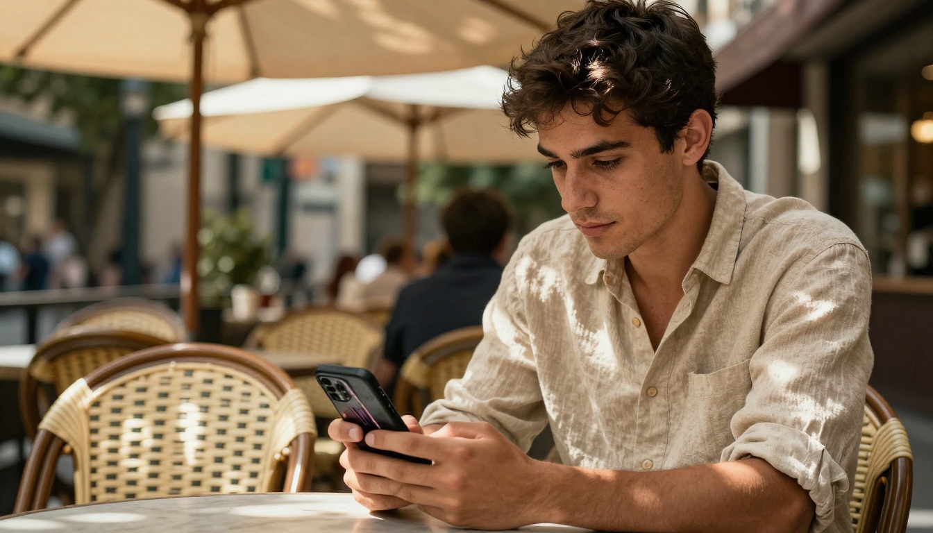 Man at outdoor cafe looking at phone with vertical video feed