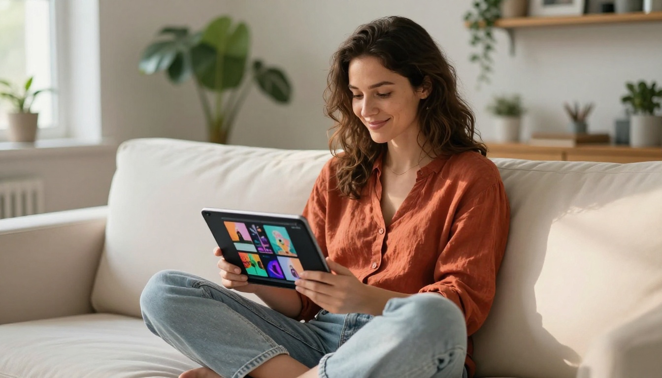 Creative woman reviewing AI video on a tablet in a bright studio