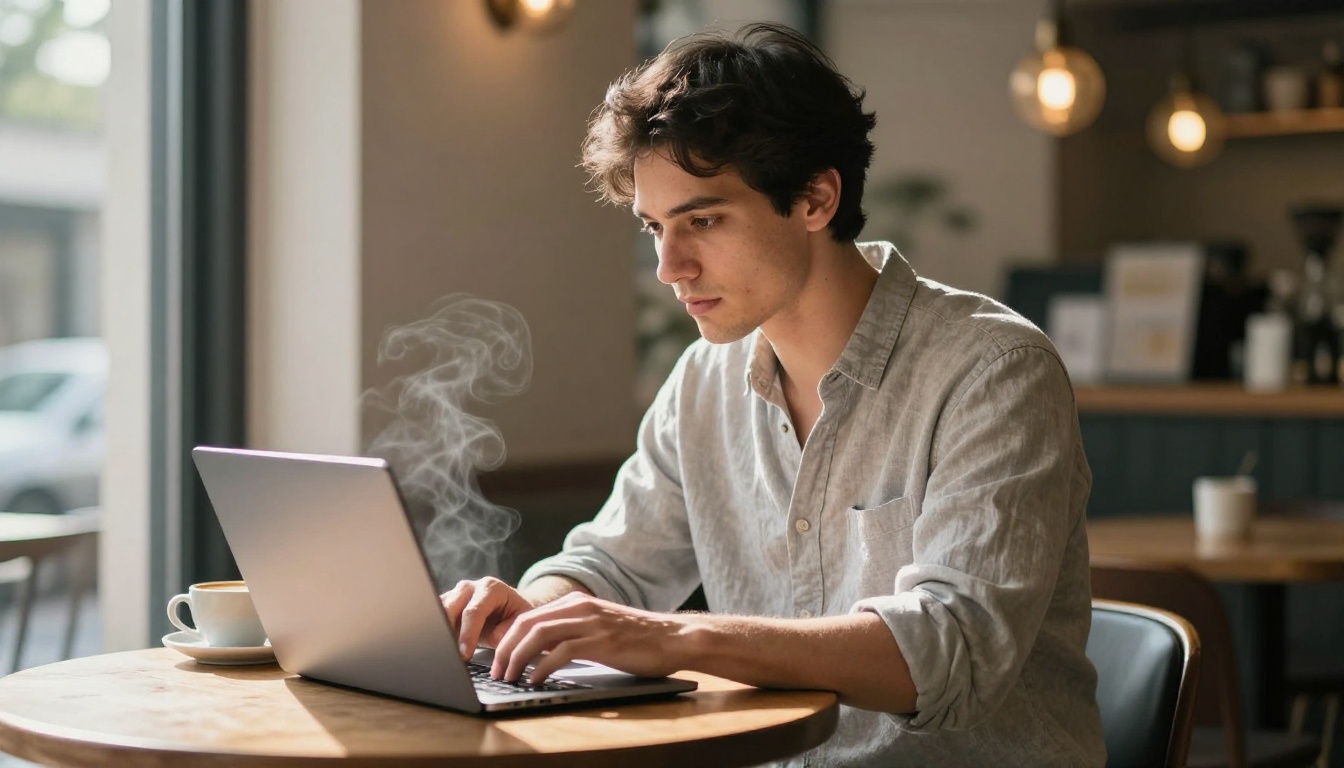 A filmmaker crafting video prompts at a wooden cafe table with morning light A filmmaker crafting video prompts at a wooden cafe table with morning light