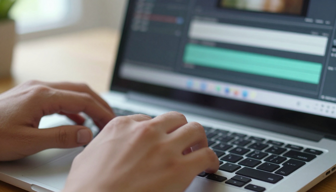 Writer typing video prompt on laptop keyboard close-up