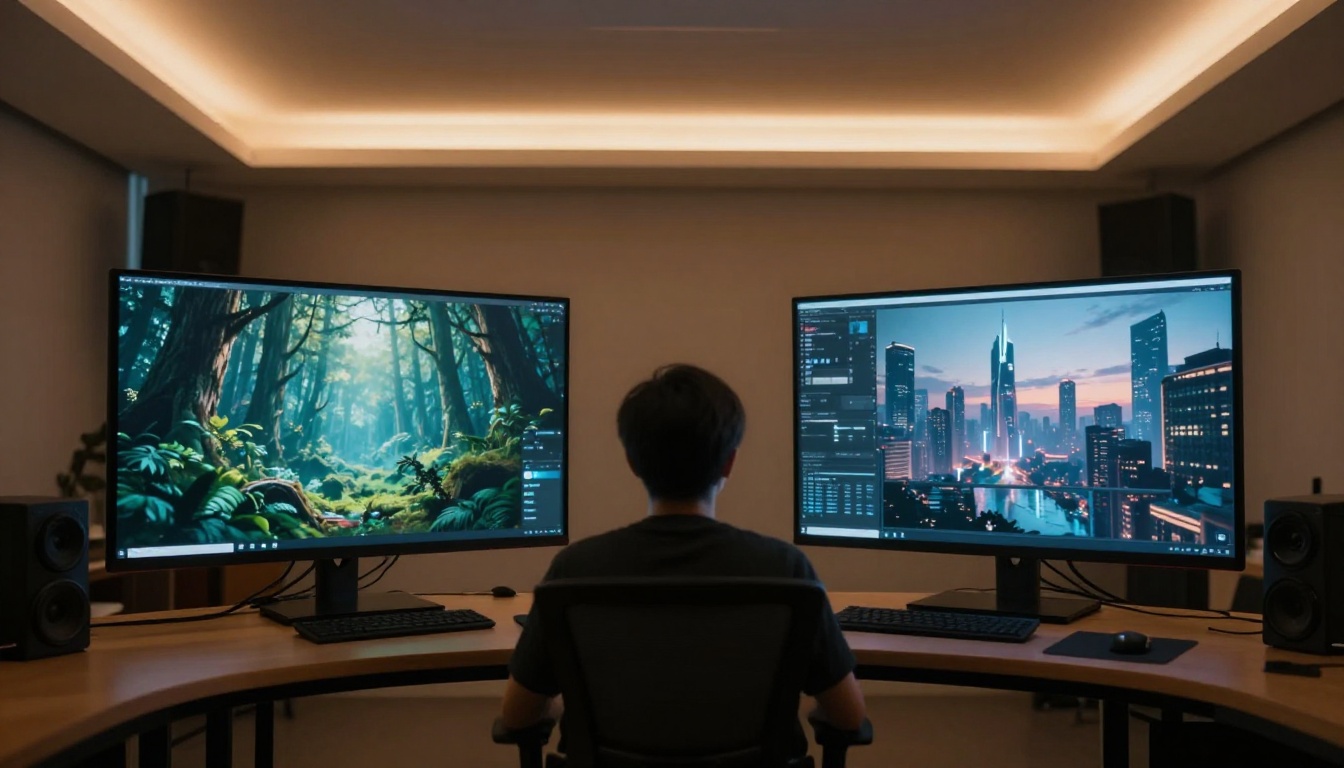 Studio workspace with two monitors displaying different AI-generated video outputs