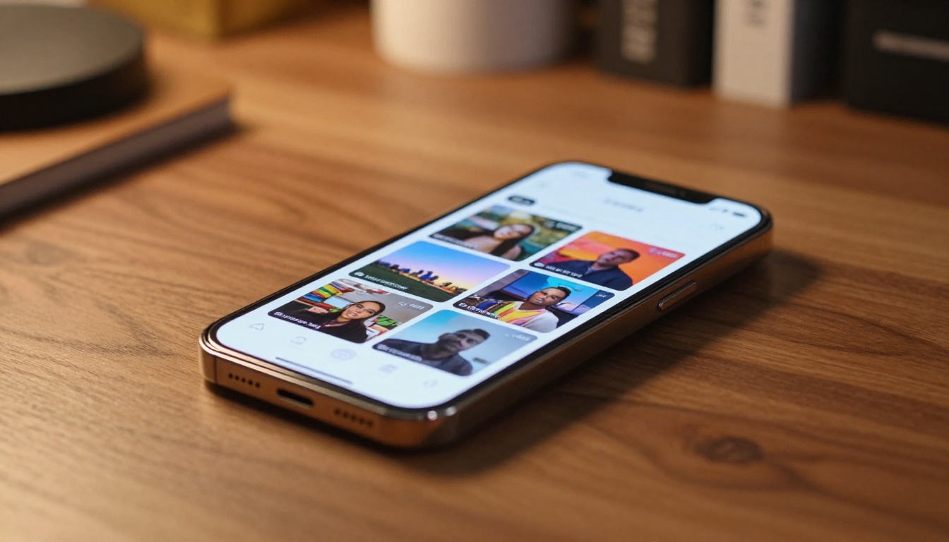 Smartphone showing AI video playback on a wooden desk