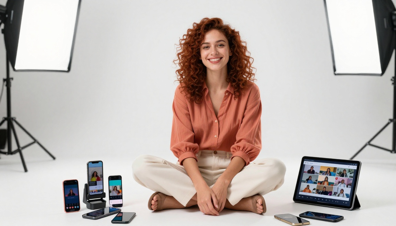Content creator surrounded by devices showing TikTok videos