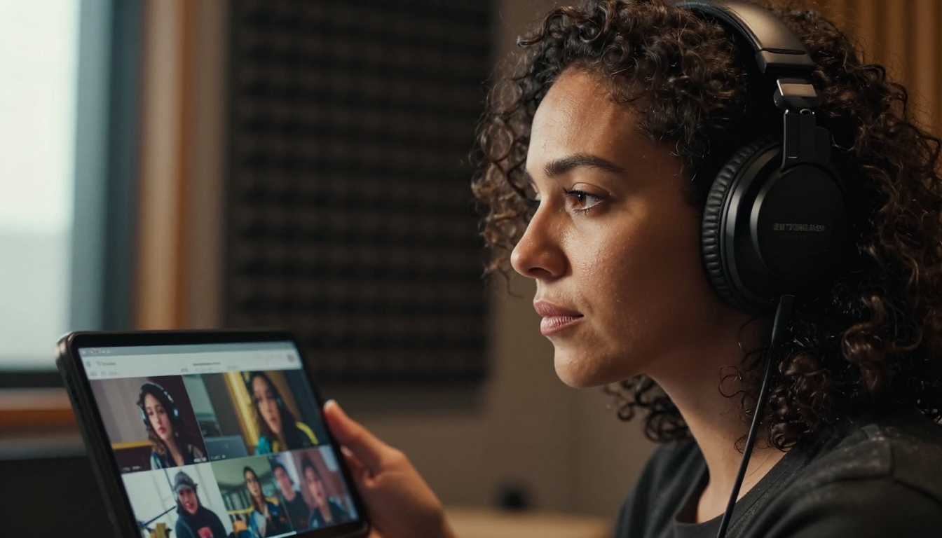 Portrait of a focused woman content creator with headphones in a studio
