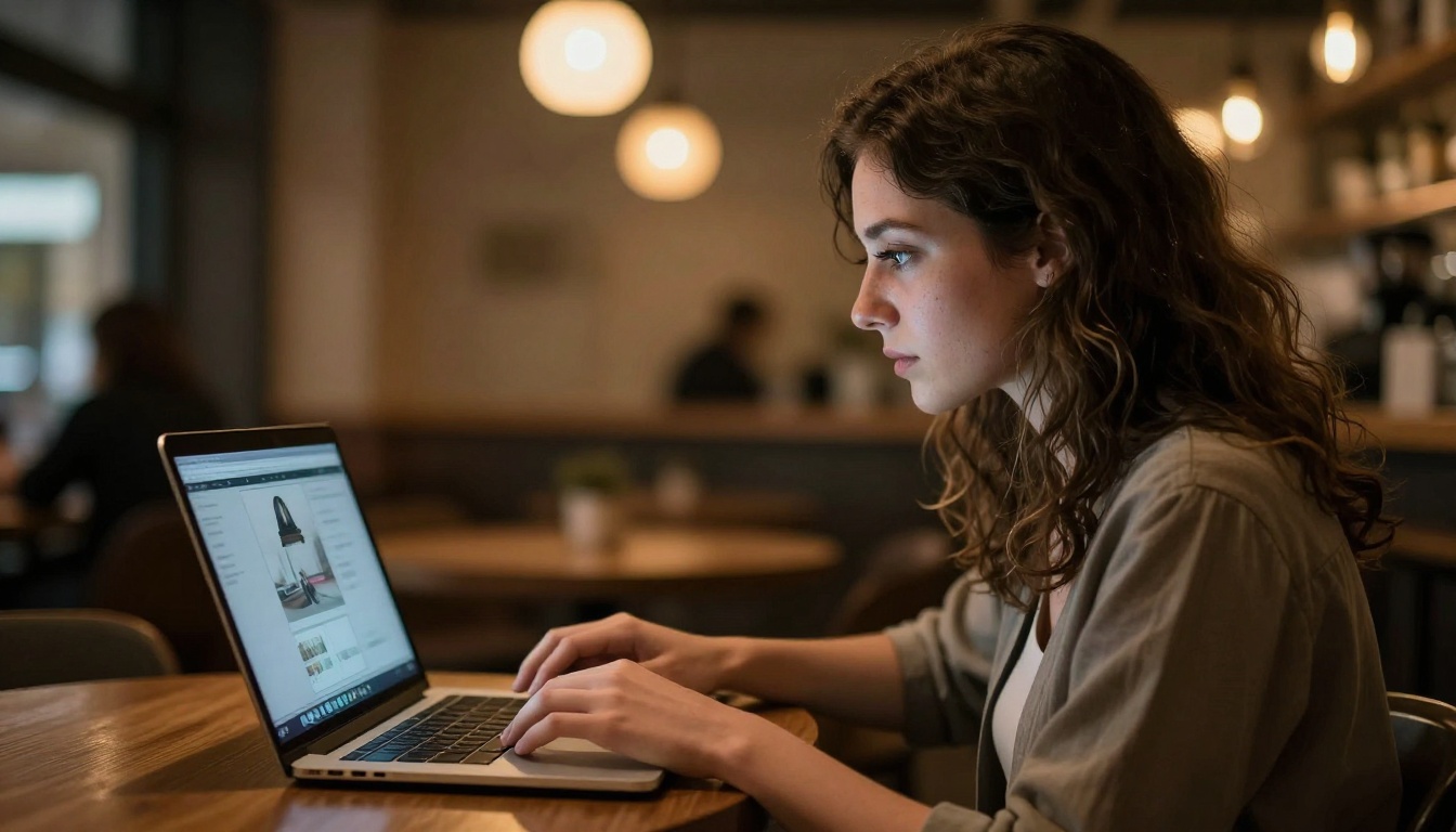 Woman focused on AI video output on her laptop at a café