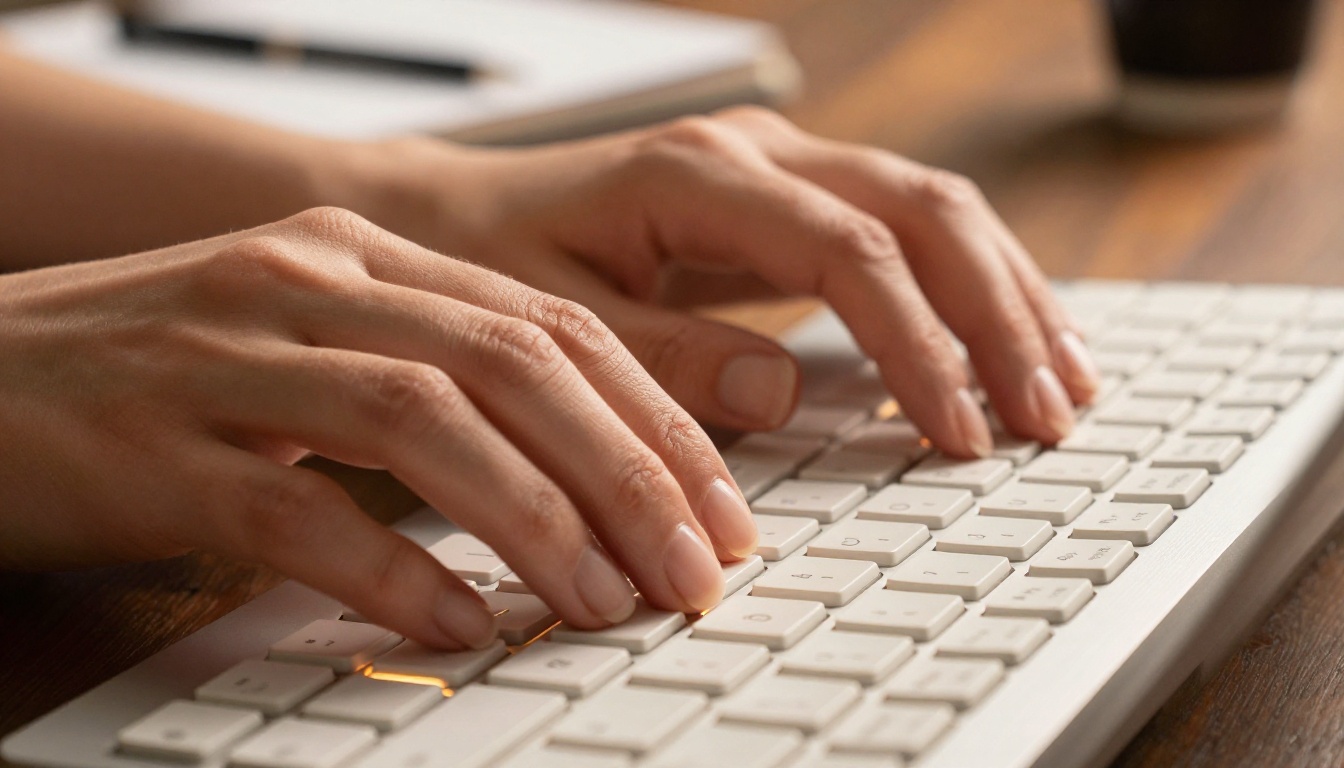 Close-up of hands typing a detailed AI video prompt on a mechanical keyboard Close-up of hands typing a detailed AI video prompt on a mechanical keyboard