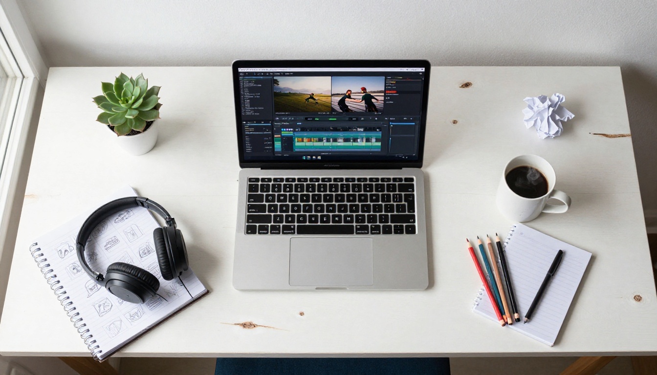 Overhead flat-lay of creative desk with laptop, notebooks, headphones, and coffee