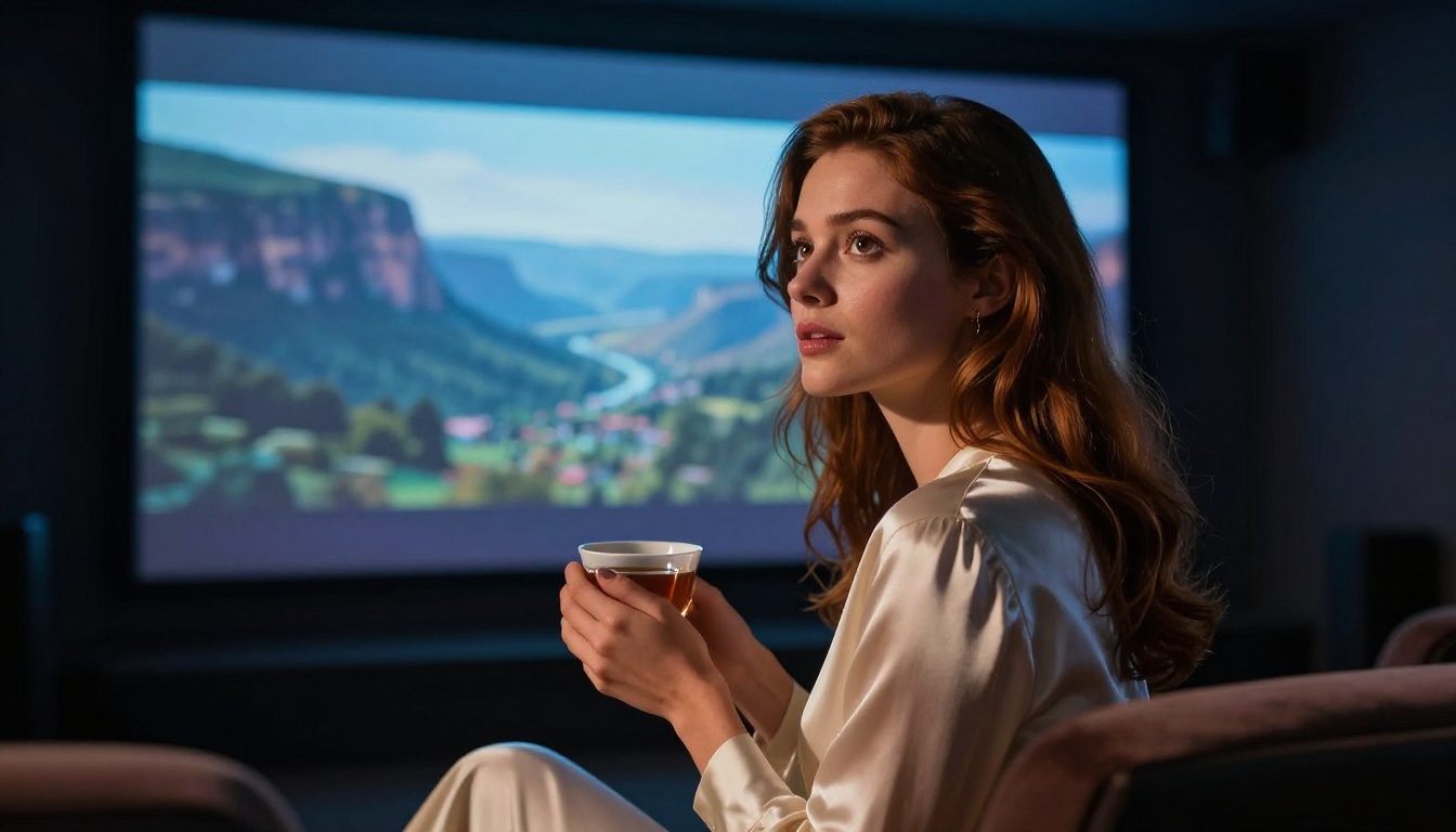 A woman watching cinematic AI video output on a professional reference monitor with warm screen glow A woman watching cinematic AI video output on a professional reference monitor with warm screen glow
