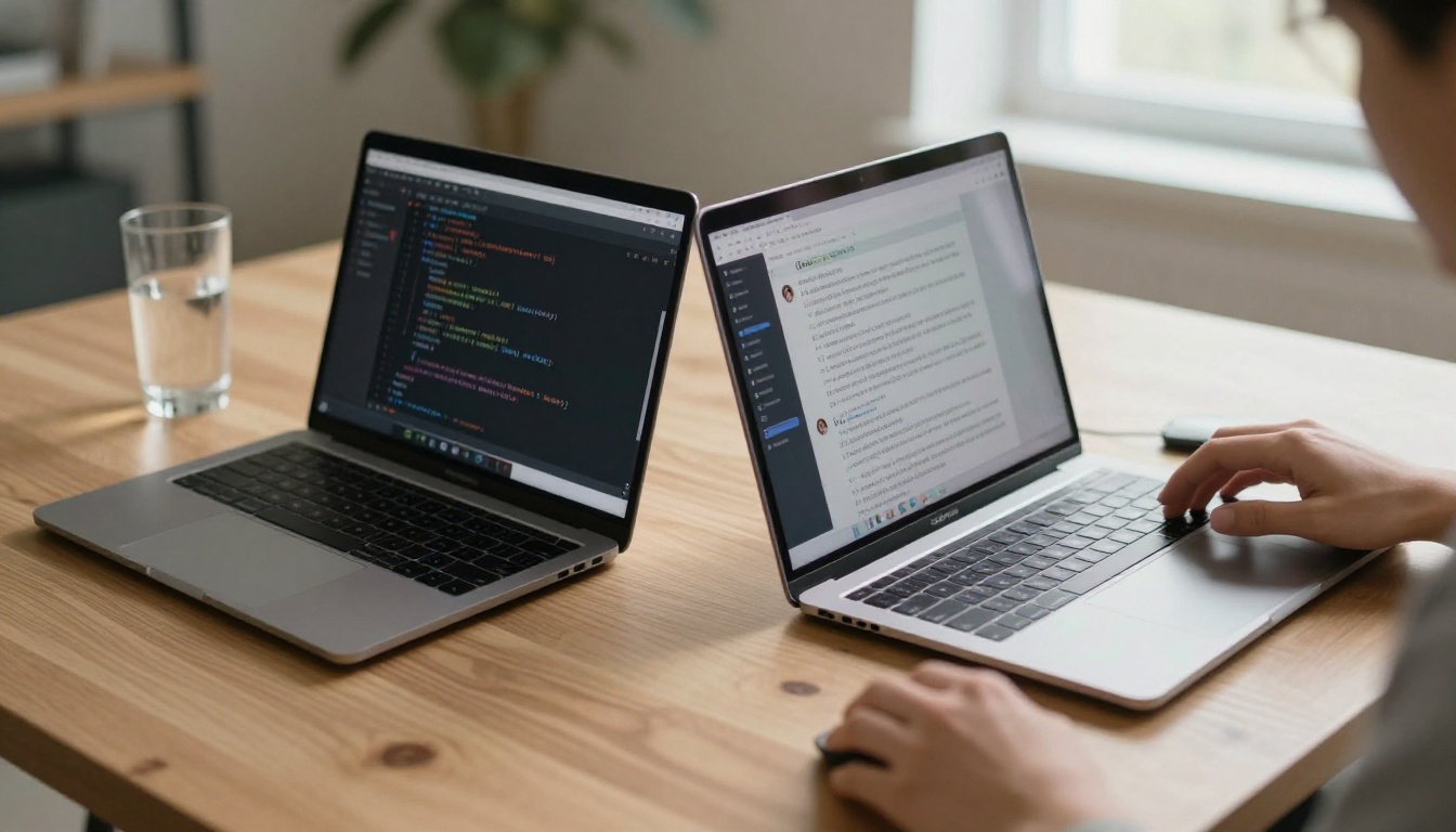Two laptop screens side by side showing different AI chat interfaces, one with code and one with written content, on an oak desk with a glass of water nearby