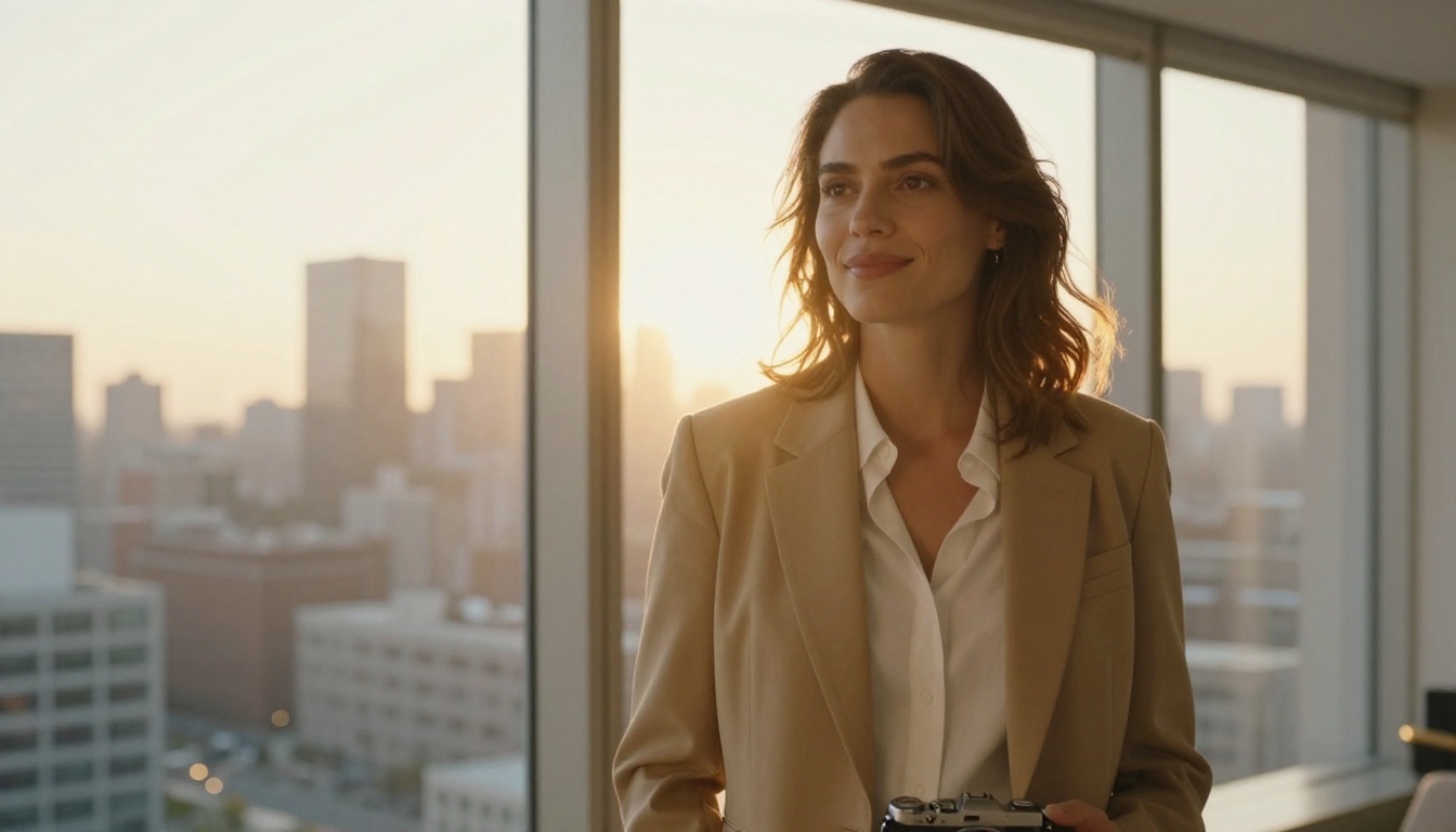 Confident woman near city window at golden hour holding a camera