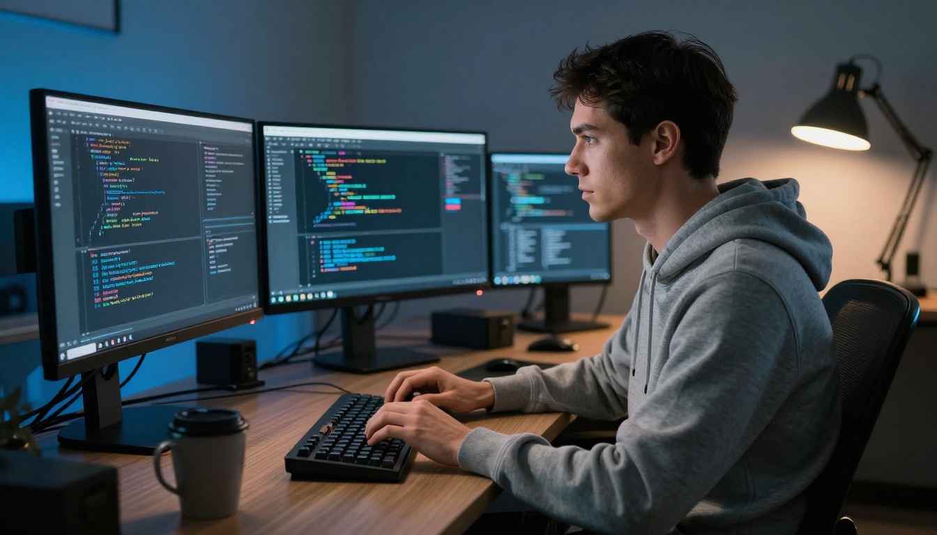 A software developer in a grey hoodie typing on a mechanical keyboard at a dimly lit workspace with three monitors showing code in dark mode editors, warm amber desk lamp light from the right