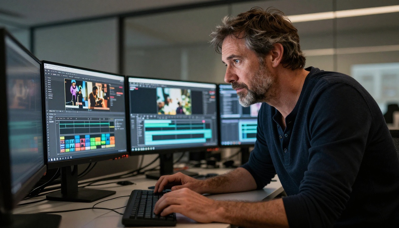 A creative director reviewing AI-generated video footage on a multi-monitor production workstation