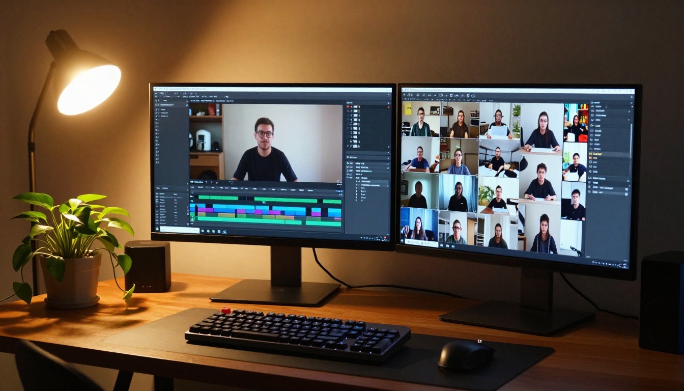 Dual monitor creative workspace with AI video generation tools open