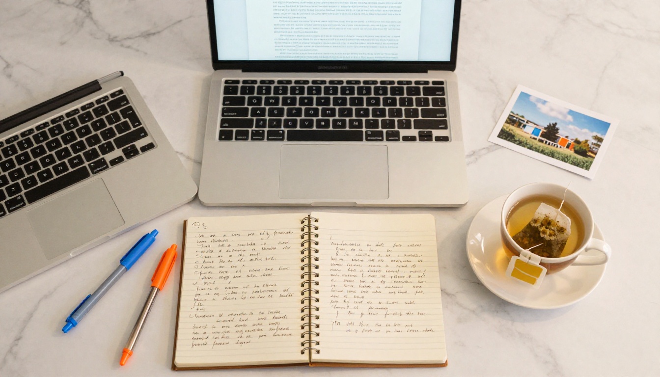 Aerial top-down view of a desk with an open laptop showing a text document, a spiral notebook with handwritten notes in cursive, two colored pens, and a cup of chamomile tea on a white marble surface