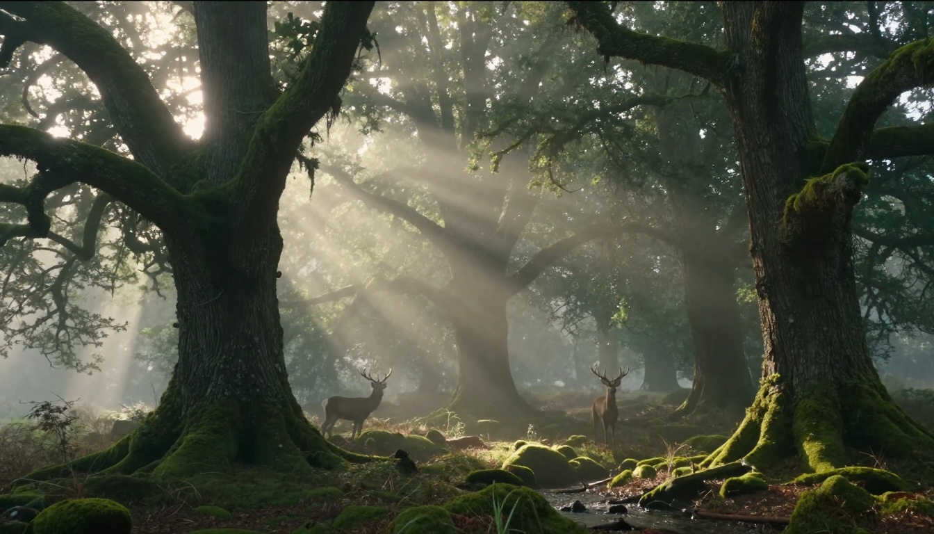A hyper-realistic AI-generated primeval forest scene at dawn with volumetric god-rays showing Veo 3.1 detail depth
