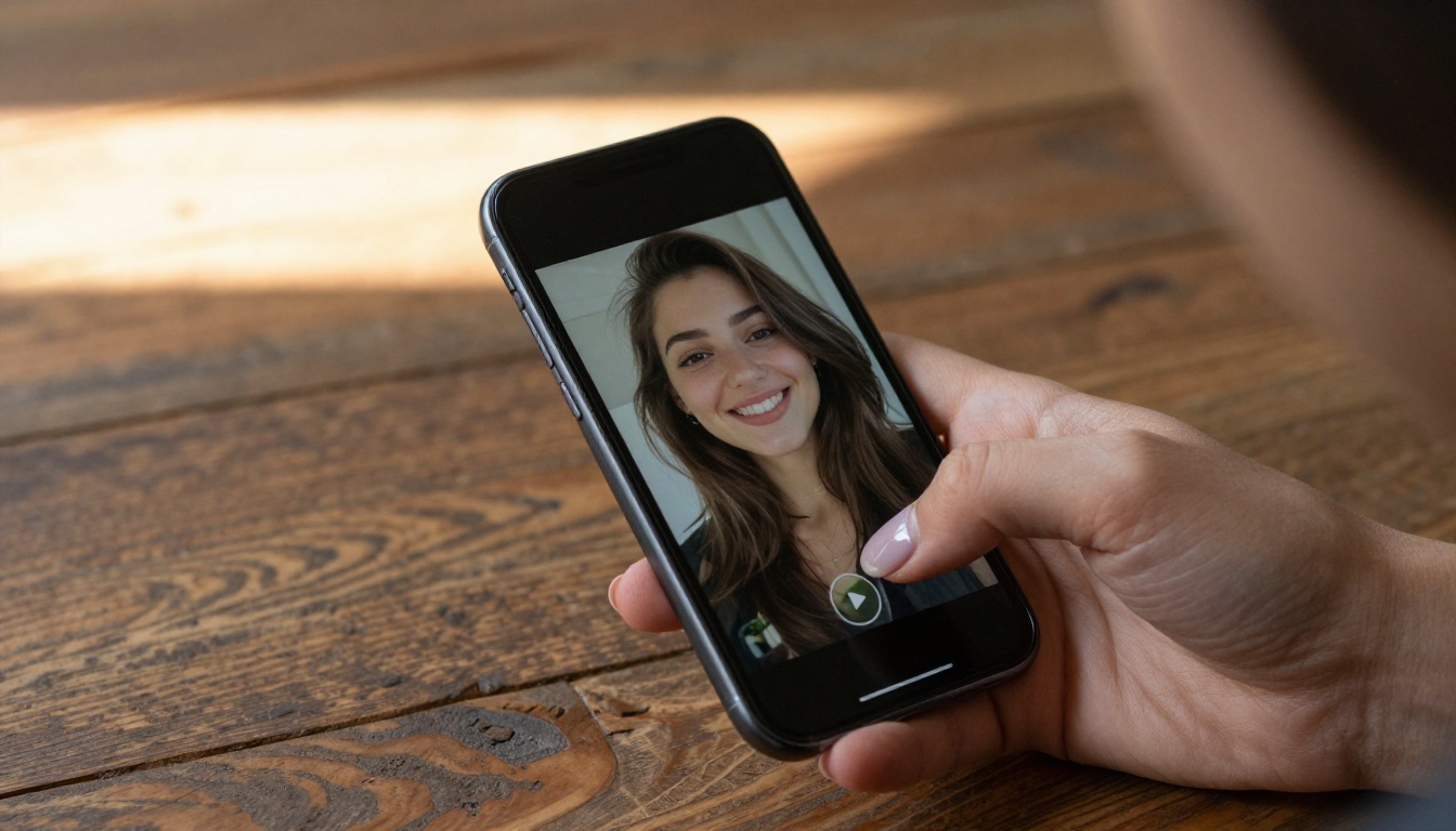 A woman's hand holding a smartphone displaying a still portrait with a glowing play button, resting on a warm rustic wood table in morning light