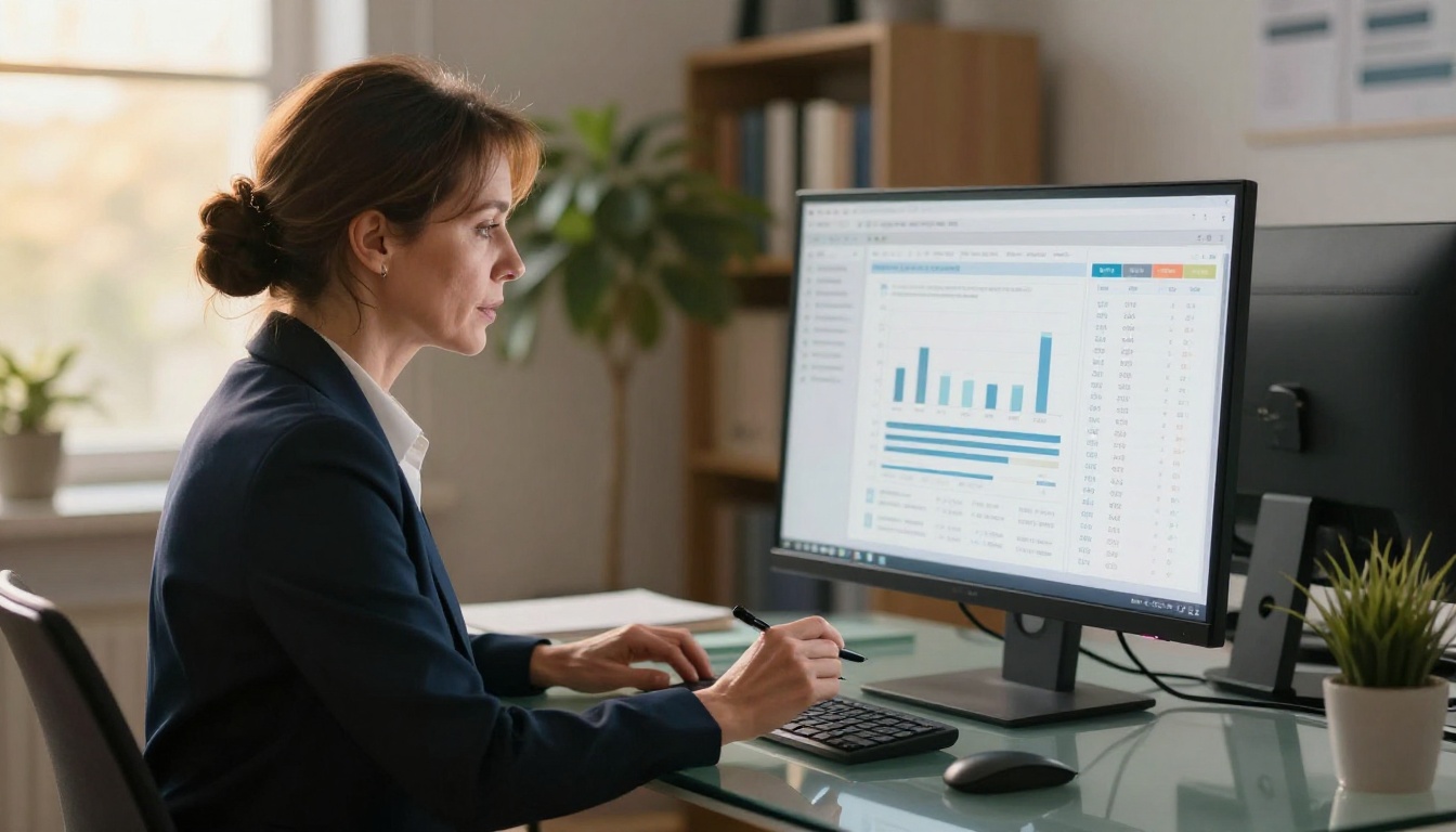A focused woman in a navy blazer at a glass desk reviewing data charts and a text analysis dashboard on a large monitor, golden afternoon light streaming through the window from the left