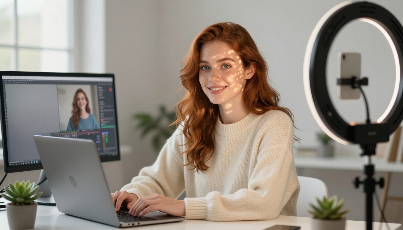 A young content creator smiling at her completed AI video results on a minimalist home studio setup