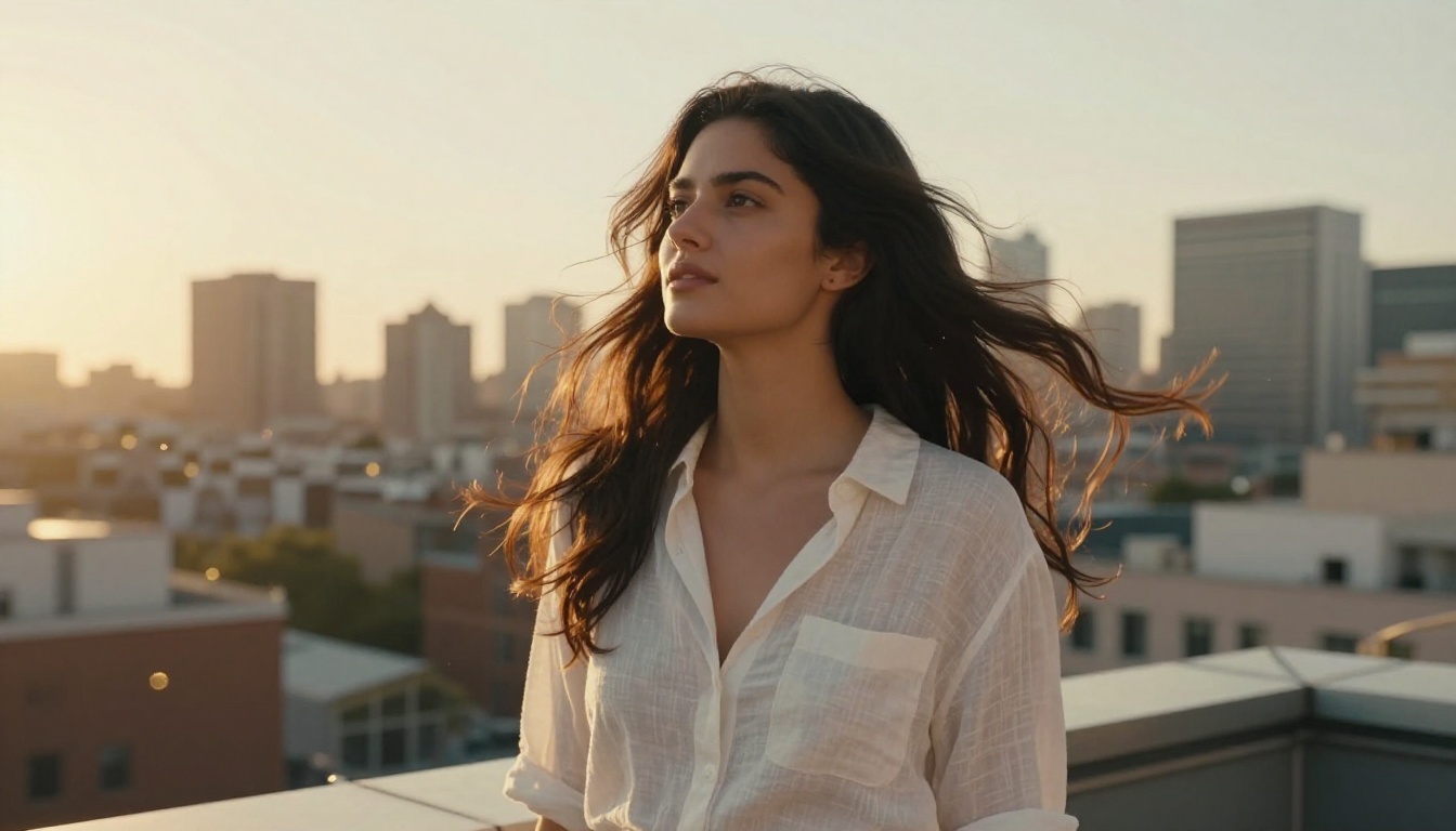 A beautiful woman with flowing dark hair standing on a rooftop terrace at golden hour, city skyline glowing amber behind her, breeze lifting the ends of her hair