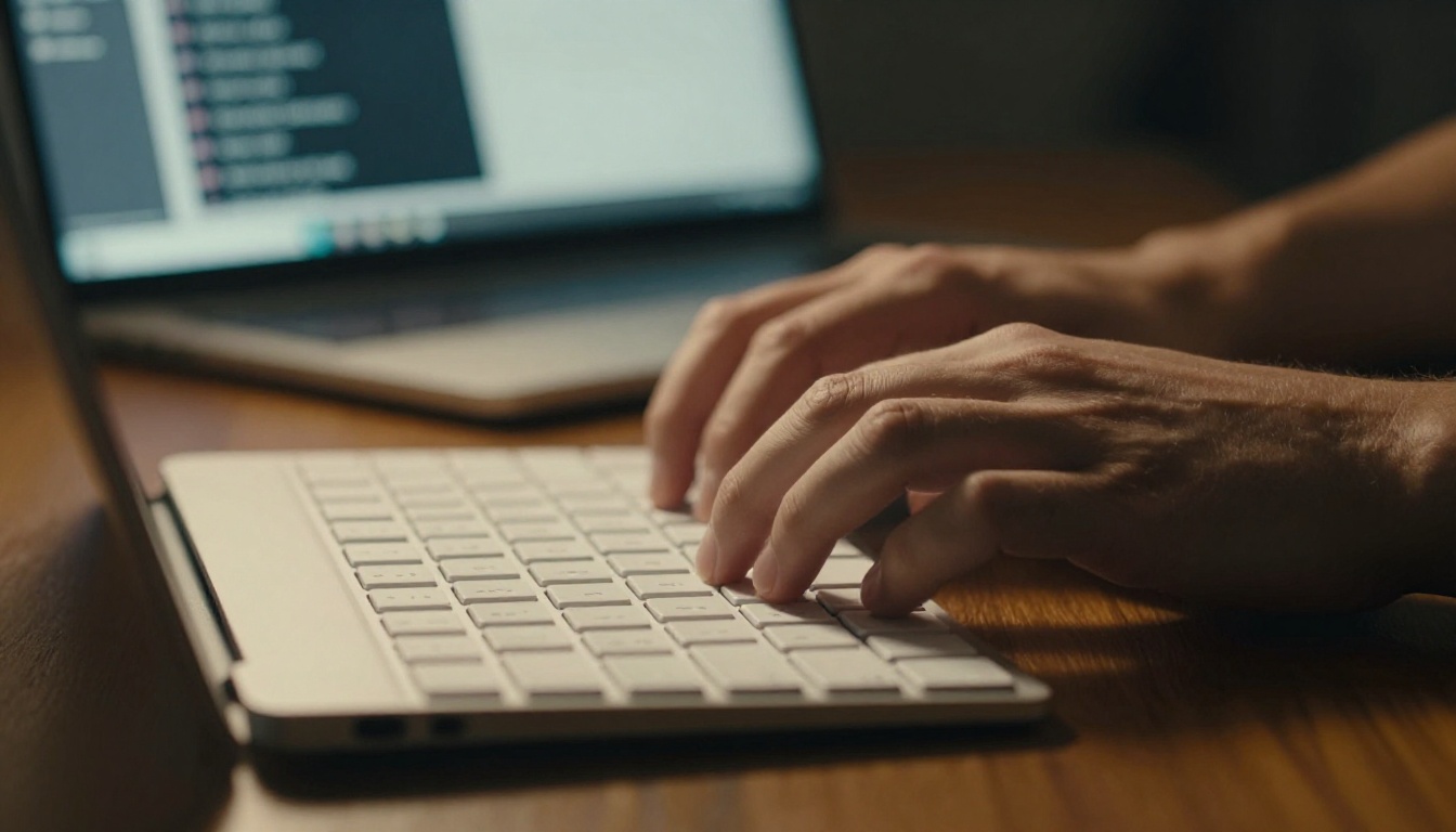 Close-up of hands typing rapidly on a slim white keyboard with subtle motion blur on the fingertips conveying speed, on a dark walnut desk with a laptop screen softly blurred in the background Close-up of hands typing rapidly on a slim white keyboard with subtle motion blur on the fingertips conveying speed, on a dark walnut desk with a laptop screen softly blurred in the background
