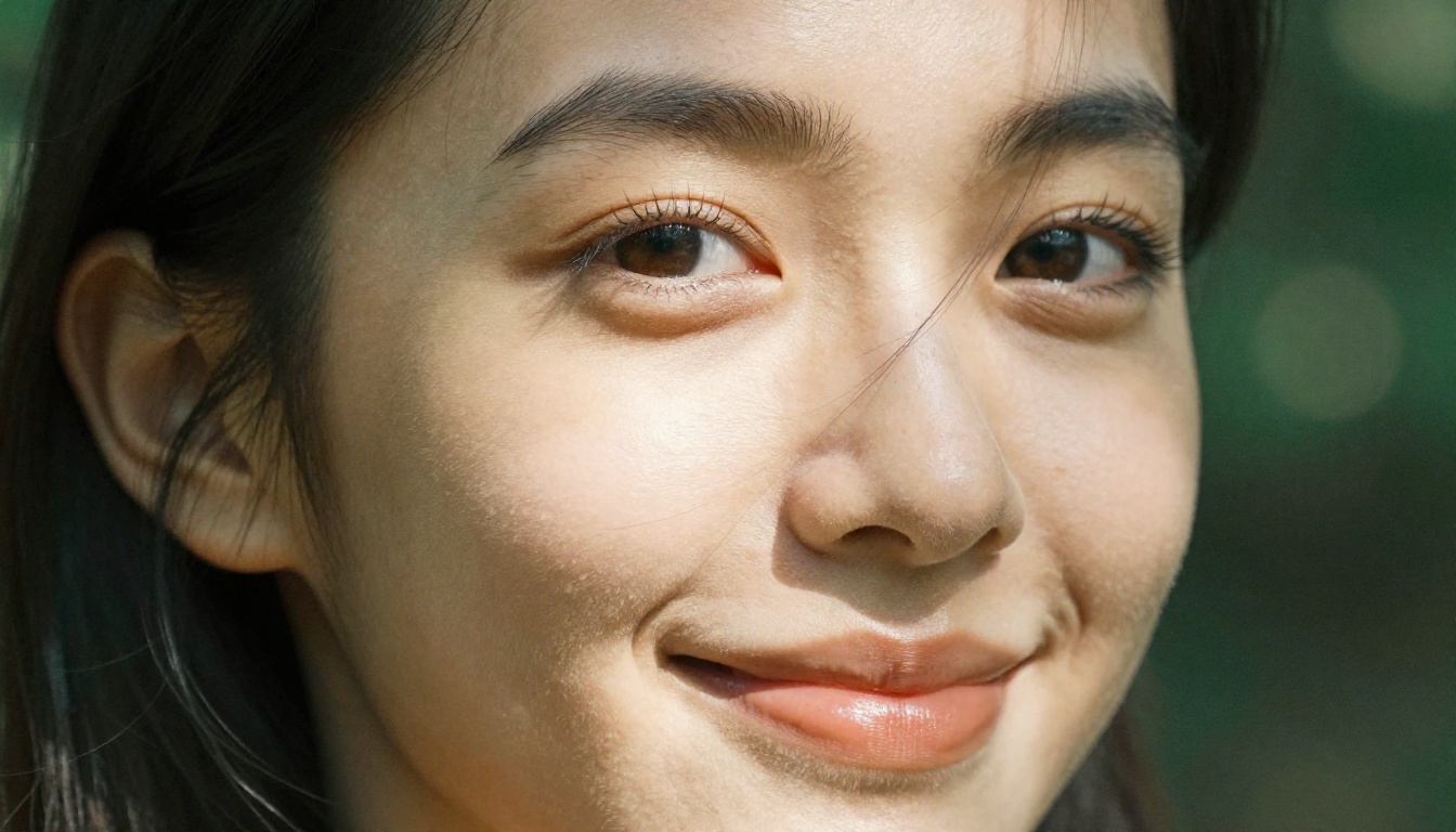 Close-up portrait of a woman's face with eyes just opening and lips in a soft smile, surrounded by dappled forest light, fine skin texture and freckles visible
