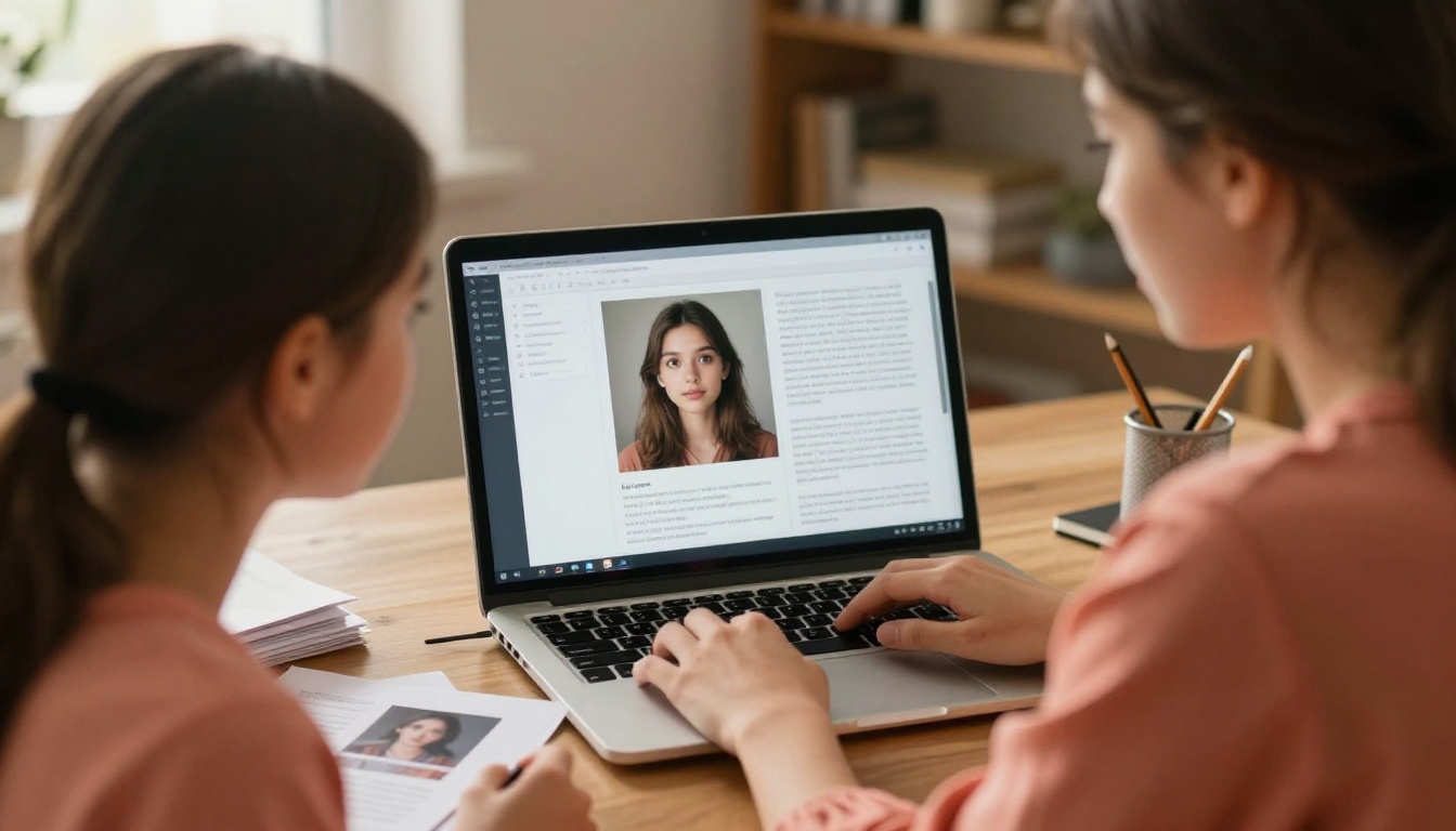 A young woman in a soft coral blouse holding up a printed photograph next to an open laptop showing an AI interface with the same image uploaded and a text response analyzing it, warm afternoon light from a window on the left A young woman in a soft coral blouse holding up a printed photograph next to an open laptop showing an AI interface with the same image uploaded and a text response analyzing it, warm afternoon light from a window on the left