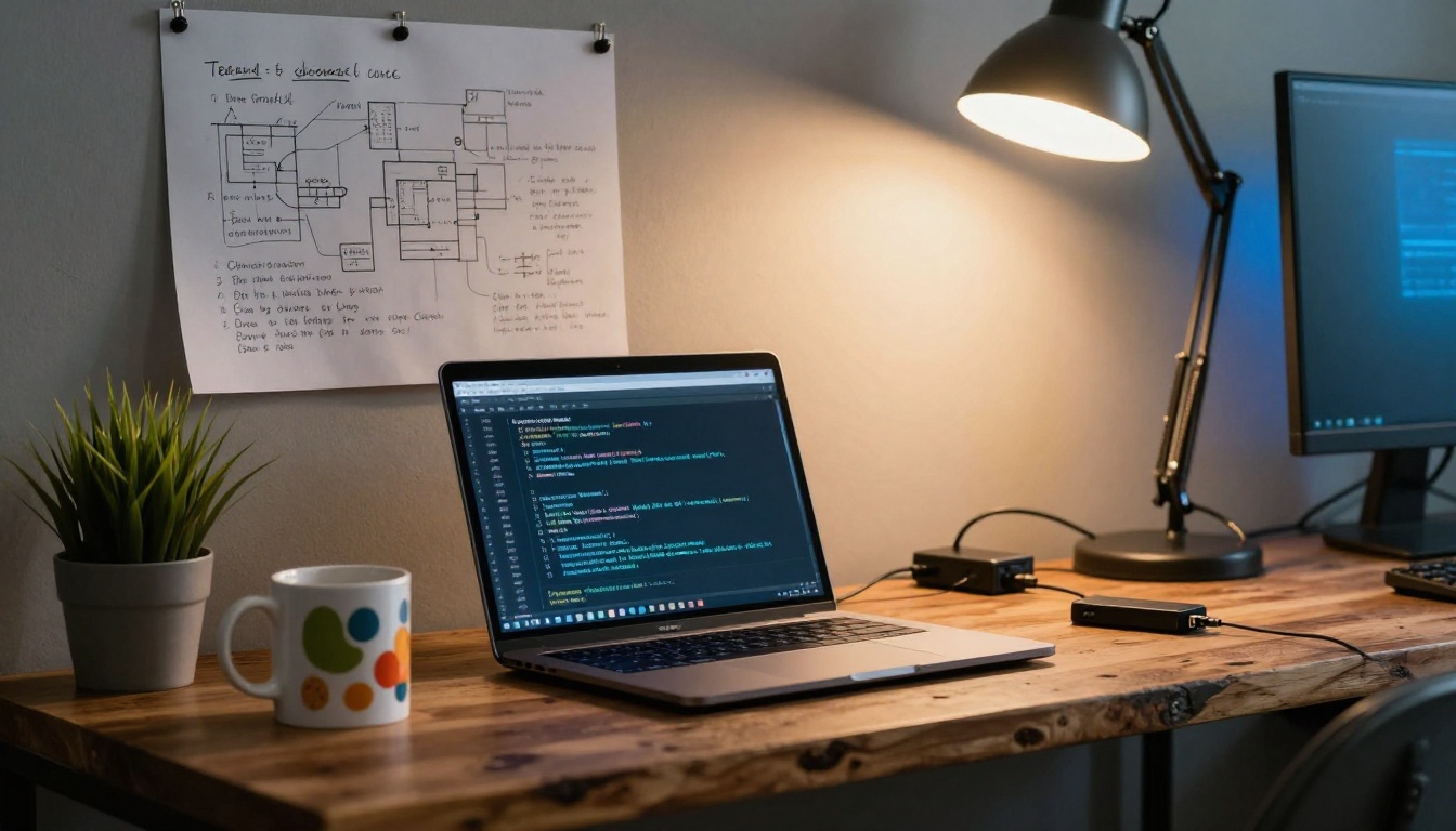 An industrial developer desk with a laptop showing a terminal window with open source code, a corkboard with handwritten architecture diagrams, a coffee mug with colorful stickers, and a small plant, warm amber lamp light from the right