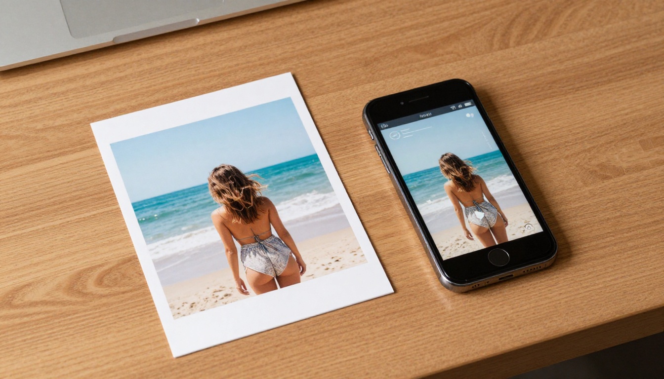 Aerial top-down view of a wooden desk with a printed beach photograph on the left and a smartphone showing the same image with a play button overlay on the right