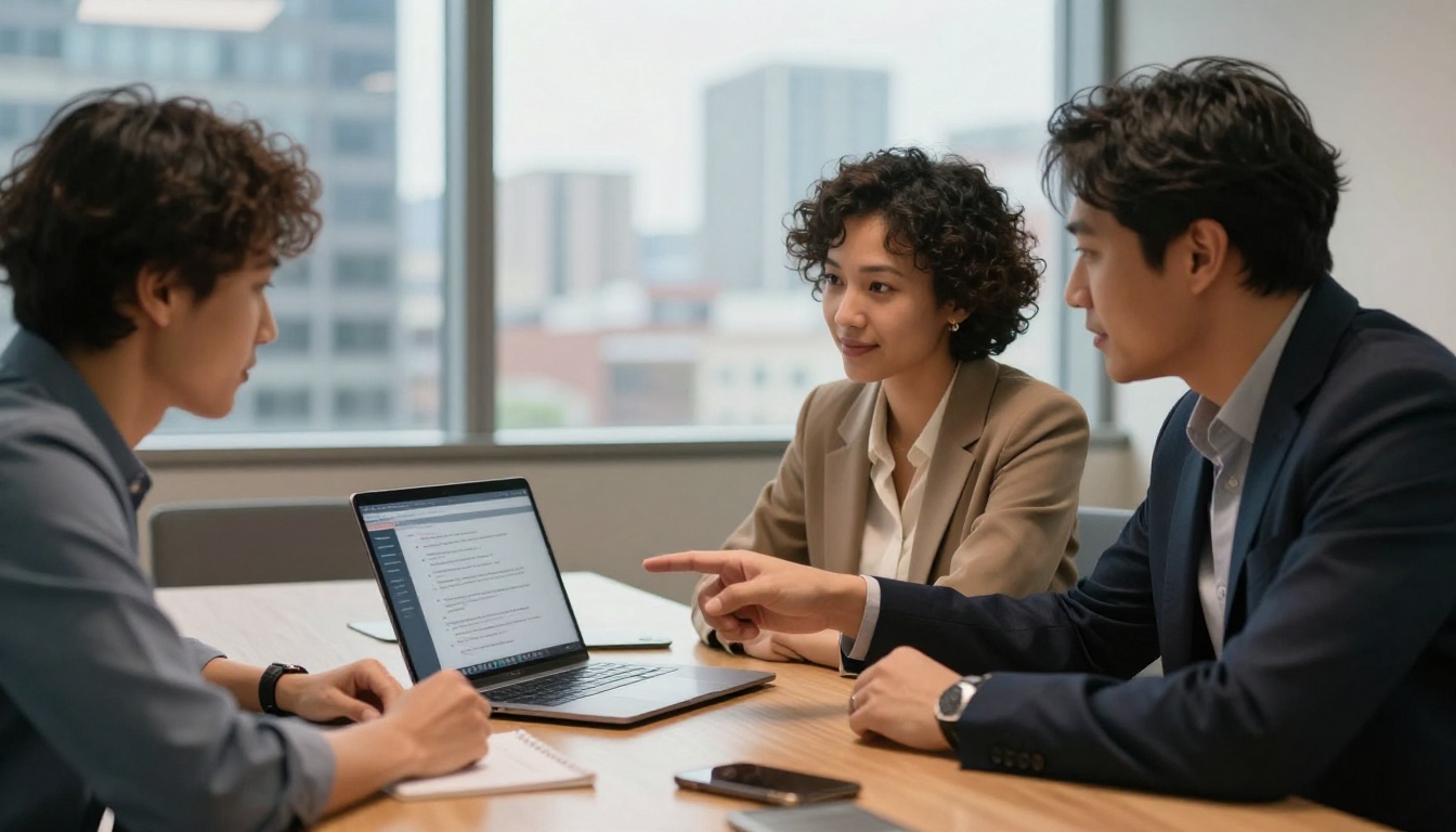 Three colleagues in a modern glass-walled conference room gathered around a shared laptop showing an AI chat interface, one colleague pointing at the screen, blurred city skyline through the window Three colleagues in a modern glass-walled conference room gathered around a shared laptop showing an AI chat interface, one colleague pointing at the screen, blurred city skyline through the window