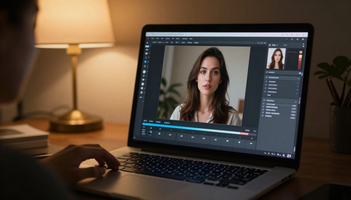 A laptop screen glowing in a softly lit evening room, showing an AI photo animation interface with a portrait loaded and a motion timeline at the bottom