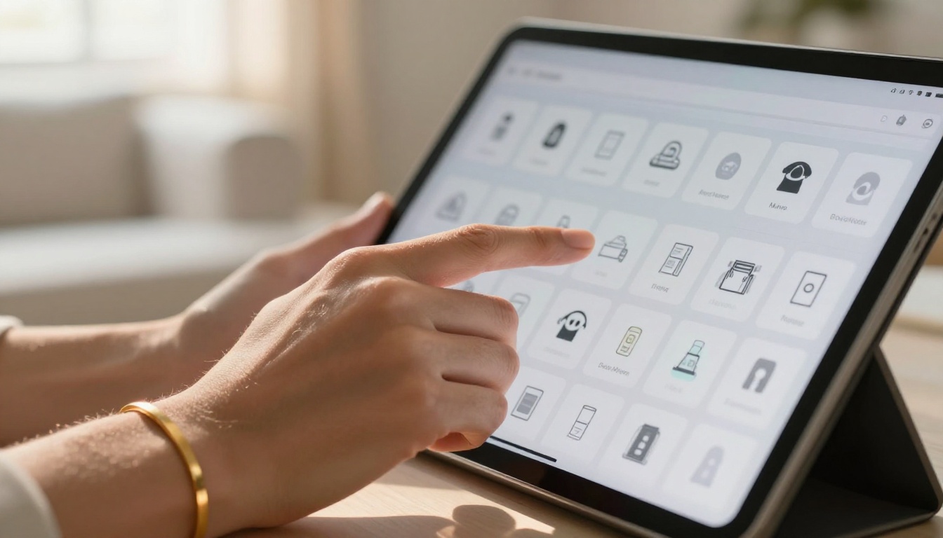 A hand scrolling through a tablet screen showing a grid-style AI model selection interface with model cards and labels in a clean minimal UI, softly blurred bright living room in the background, warm afternoon window light reflecting on the gold bracelet at the wrist A hand scrolling through a tablet screen showing a grid-style AI model selection interface with model cards and labels in a clean minimal UI, softly blurred bright living room in the background, warm afternoon window light reflecting on the gold bracelet at the wrist