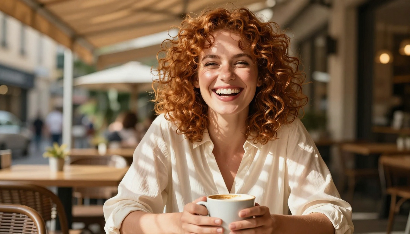 A cheerful woman with curly auburn hair sitting at a sunlit cafe terrace, laughing warmly with a coffee cup, dappled sunlight through wicker shade on her cream blouse