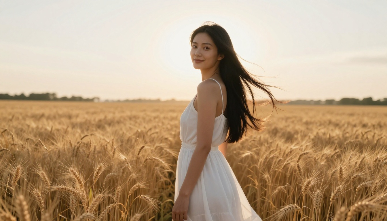 A woman with long straight black hair standing in a field of golden wheat, looking over her shoulder, afternoon sun creating a rim light halo, atmospheric haze in the distance