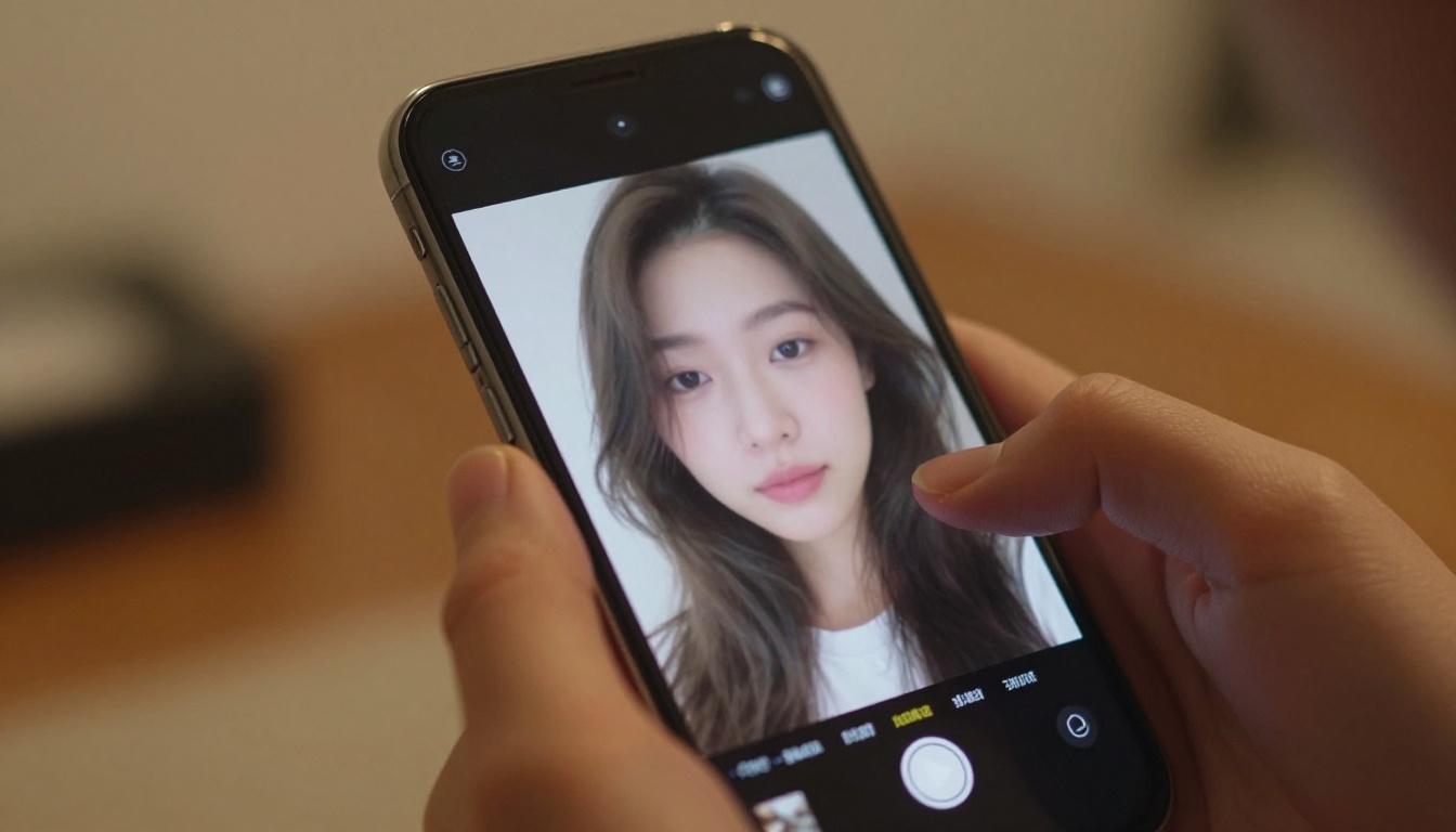 Close-up of a smartphone held in both hands, displaying a woman's portrait with soft motion blur at the hair edges suggesting animation, a glowing play button visible on screen