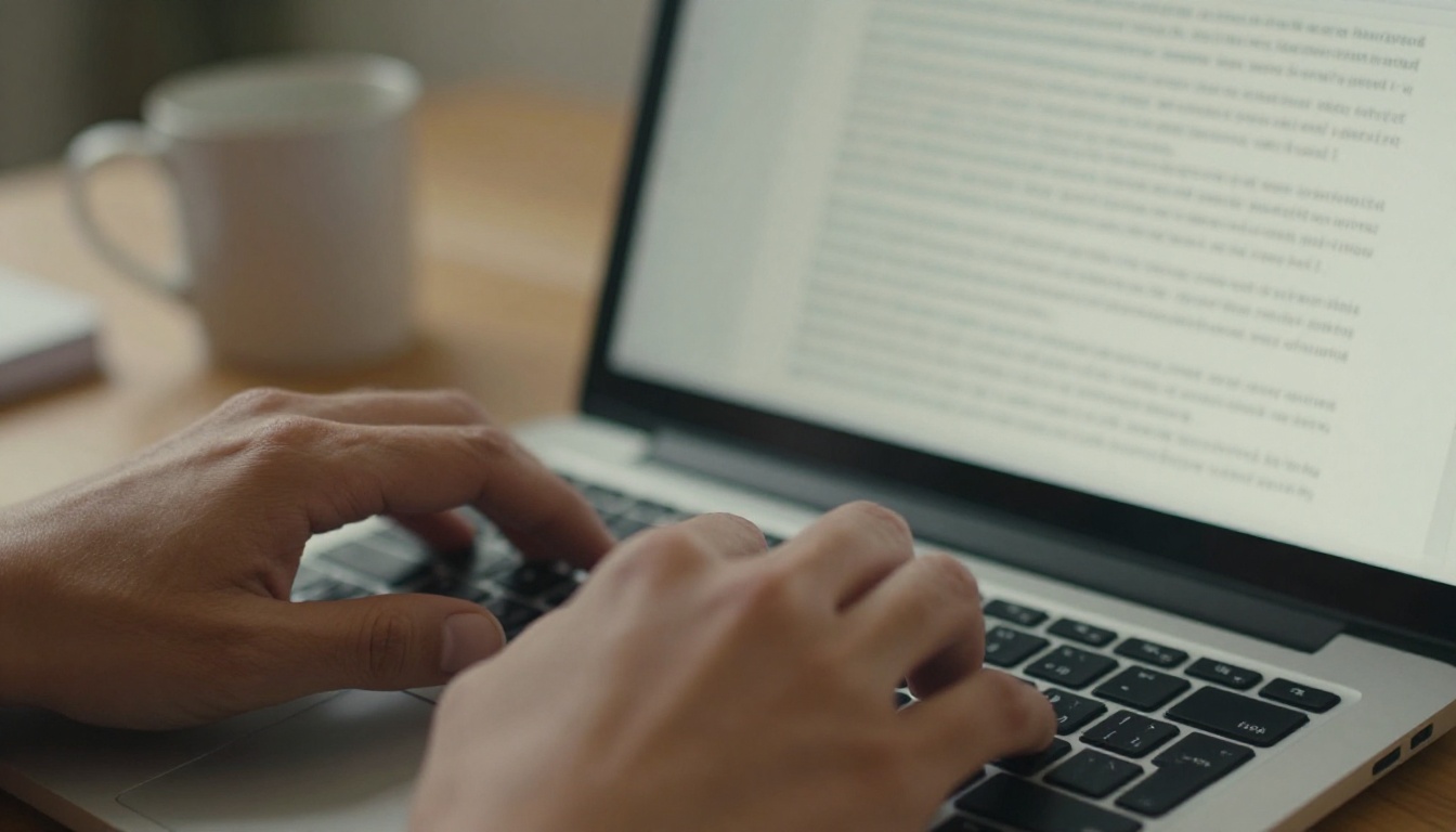 Hands actively typing on a laptop with a long document open on screen
