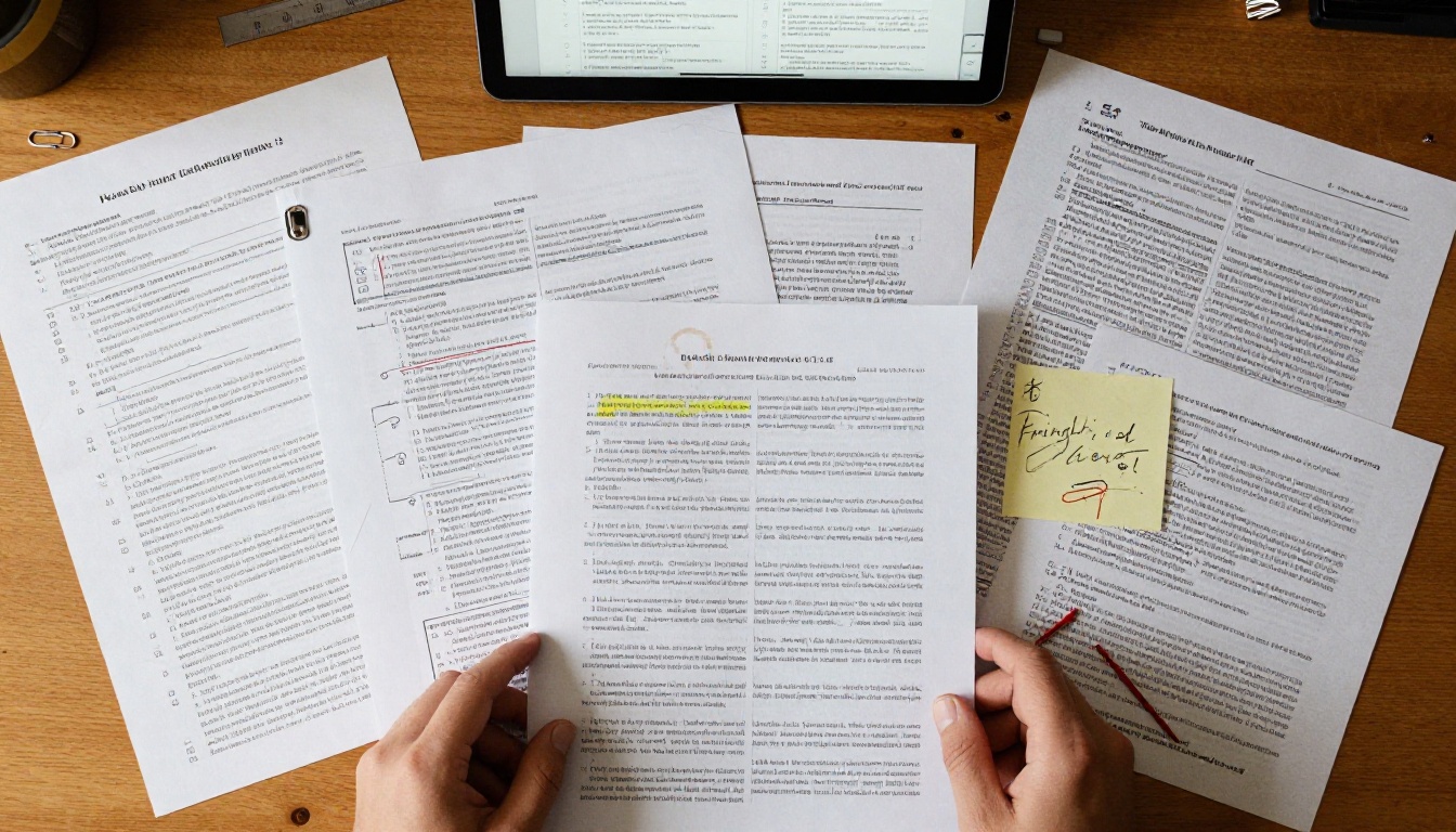 Overhead aerial view of a desk covered in scattered research documents, reports, and papers