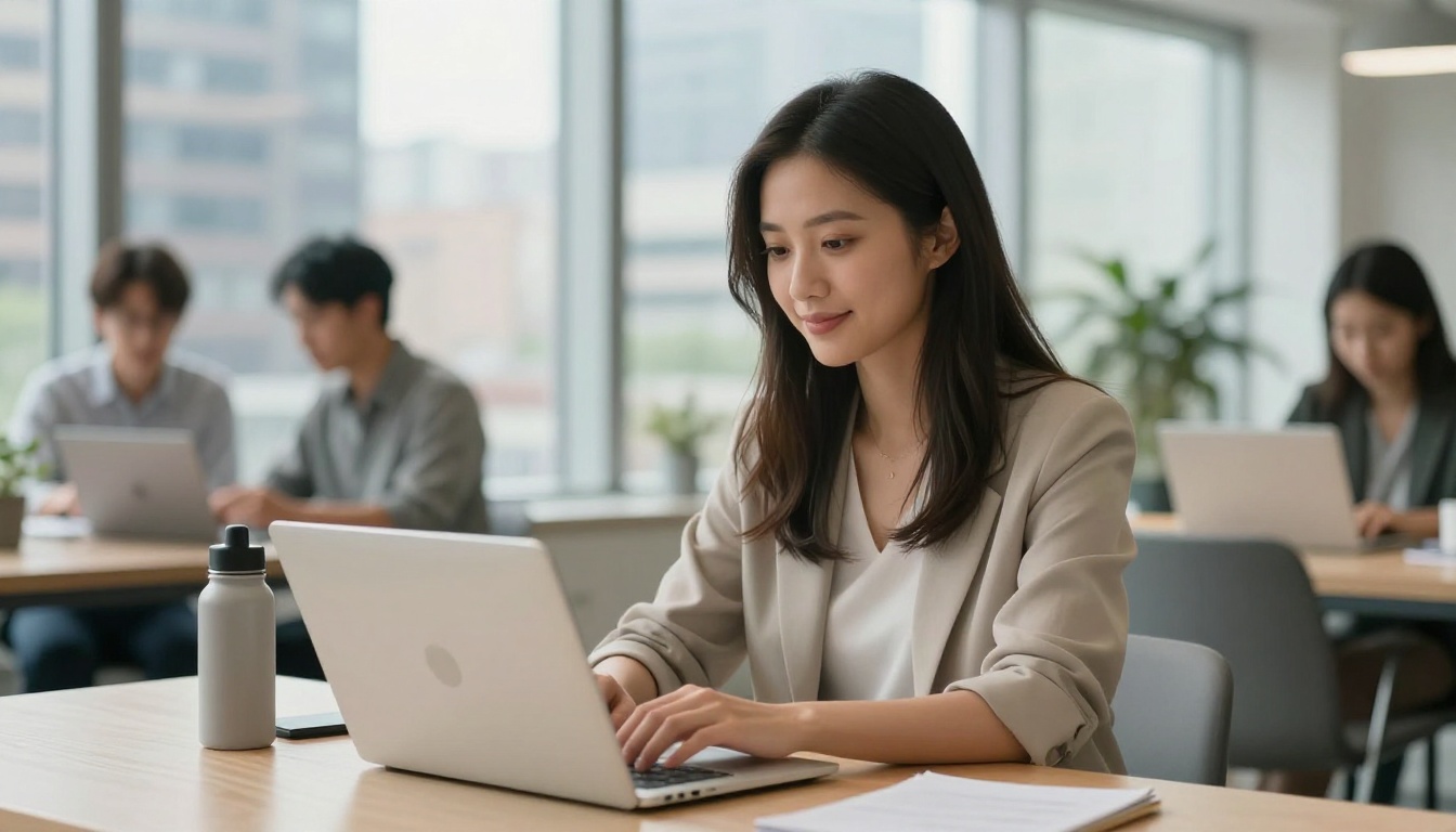Young professional woman at coworking space looking at laptop with satisfied expression