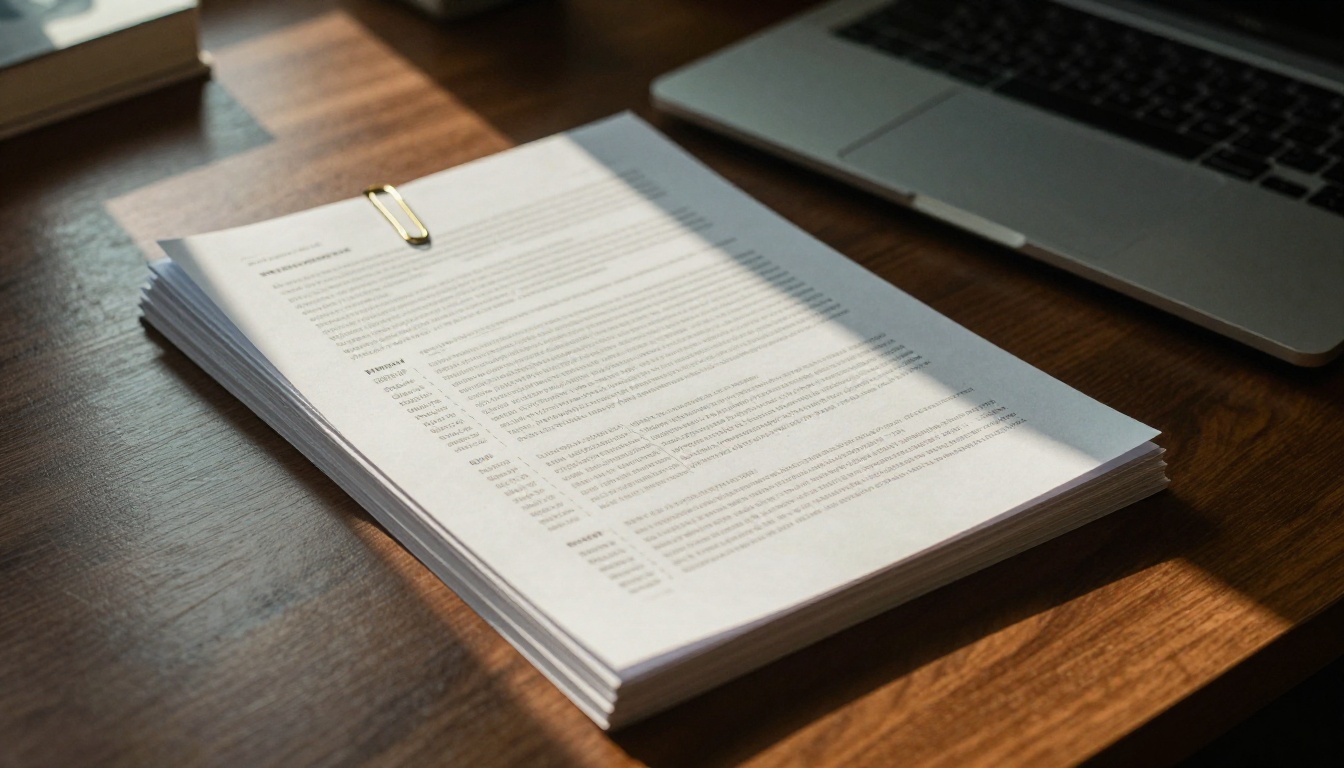 Stack of thick legal documents and reports on a polished office desk beside a closed laptop