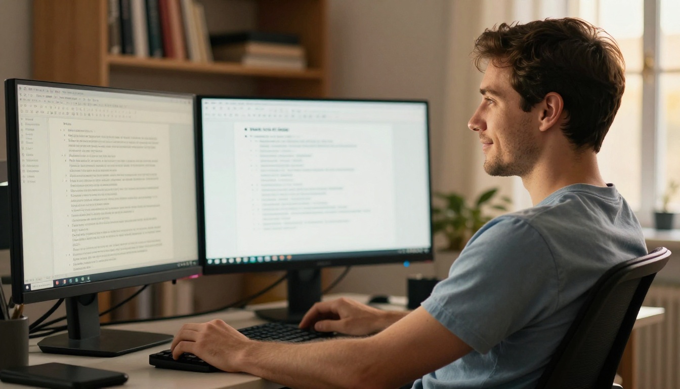 Man sitting at home office with dual monitors, one showing a PDF and the other showing clean AI-generated notes